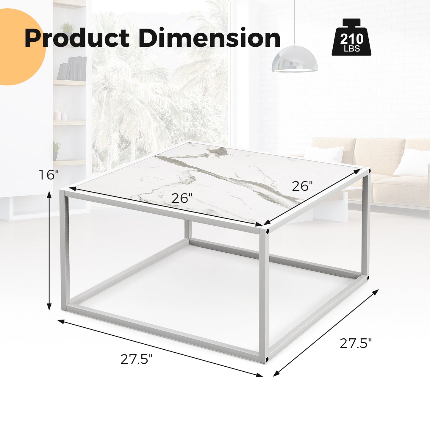 Chic Faux Marble Square Coffee Table with Steel Frame in White Finish