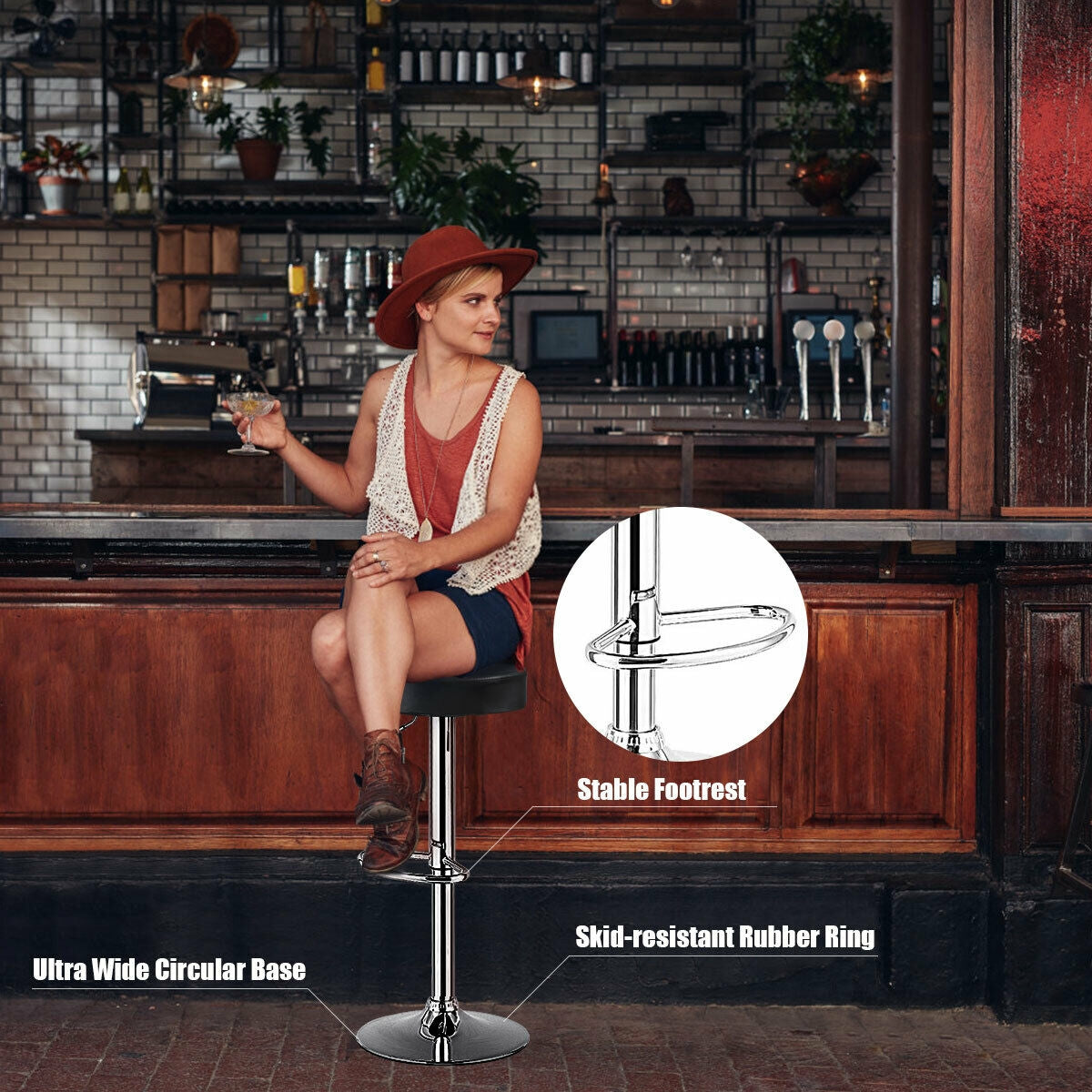 Adjustable Swivel Round Bar Stool with PU Leather Seat and Chrome Base - Black