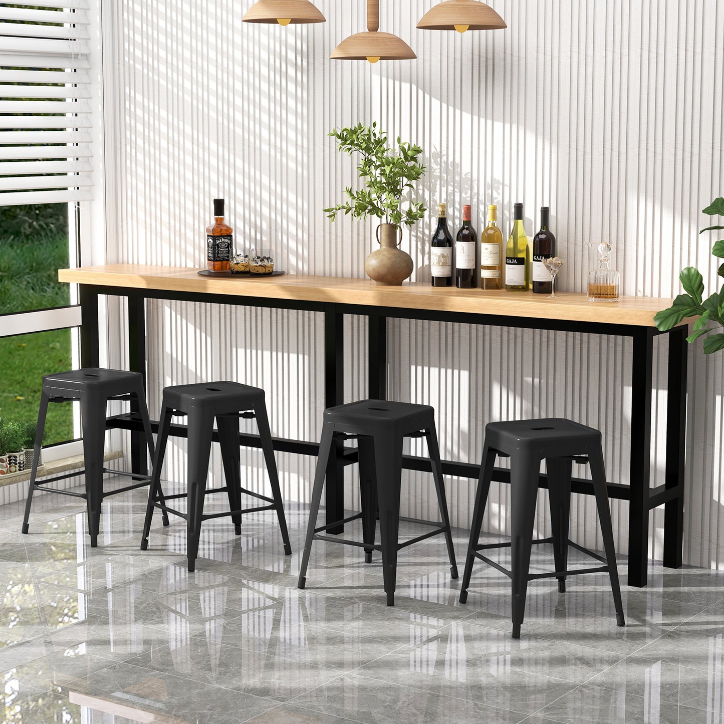 Set of 4 Stackable 24 Inch Metal Cafe Chairs with Removable Backs and Rubber Feet in Black
