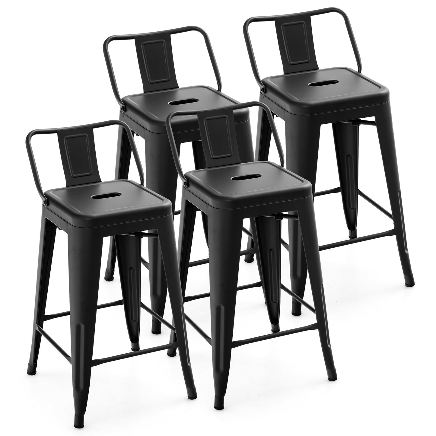 Set of 4 Stackable 24 Inch Metal Cafe Chairs with Removable Backs and Rubber Feet in Black