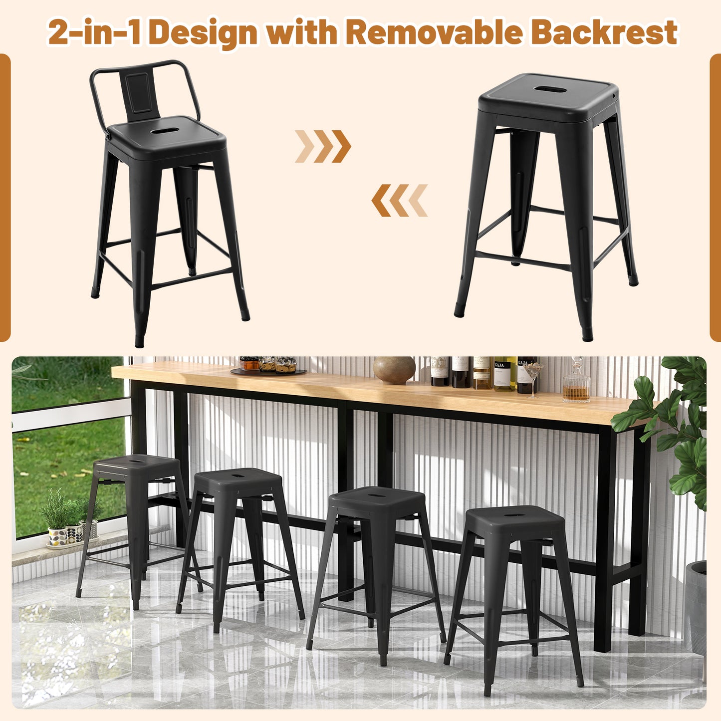 Set of 4 Stackable 24 Inch Metal Cafe Chairs with Removable Backs and Rubber Feet in Black