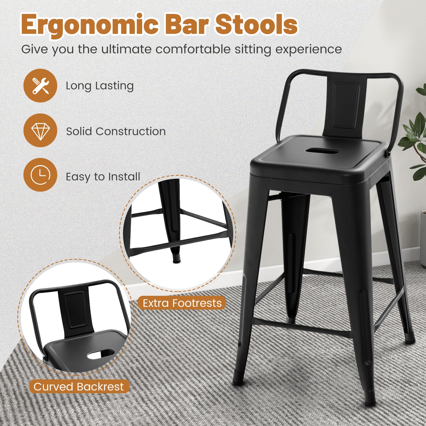 Set of 4 Stackable 24 Inch Metal Cafe Chairs with Removable Backs and Rubber Feet in Black