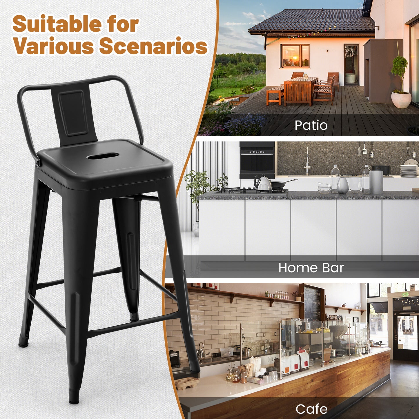 Set of 4 Stackable 24 Inch Metal Cafe Chairs with Removable Backs and Rubber Feet in Black