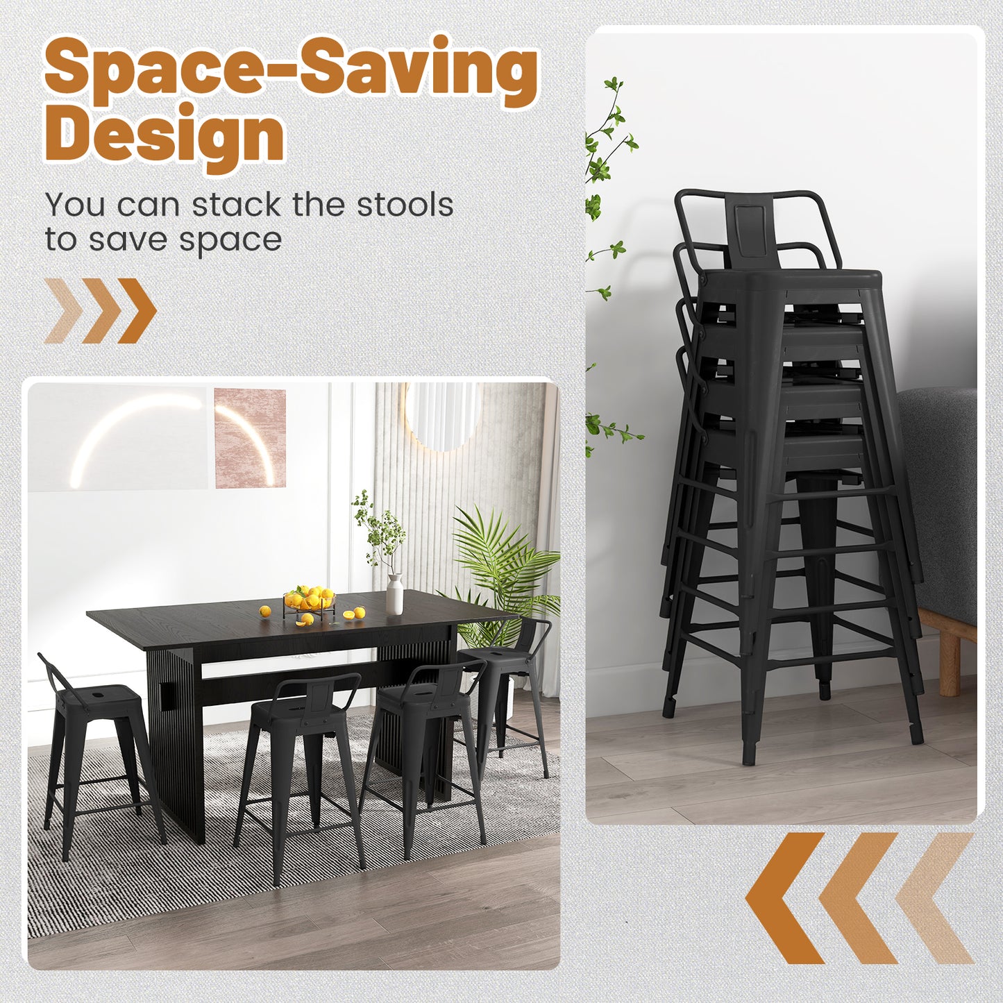 Set of 4 Stackable 24 Inch Metal Cafe Chairs with Removable Backs and Rubber Feet in Black