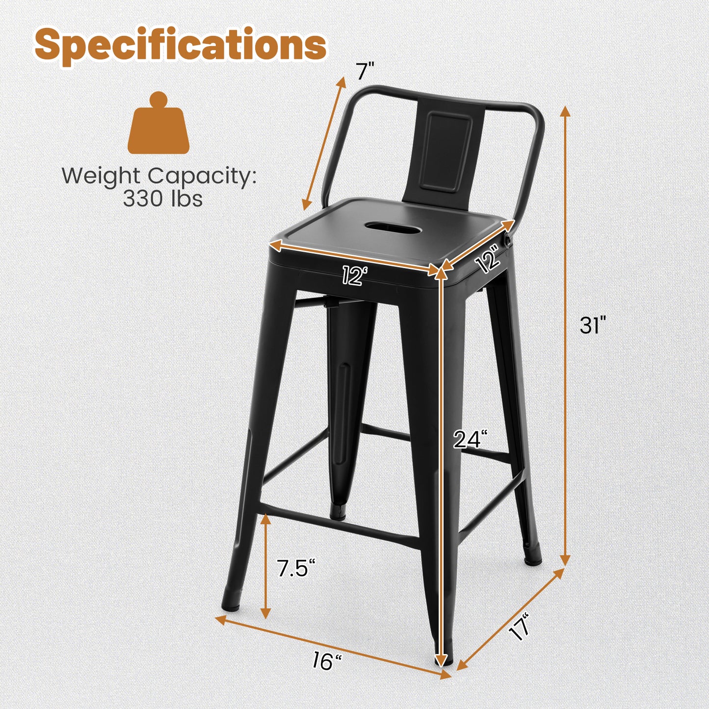Set of 4 Stackable 24 Inch Metal Cafe Chairs with Removable Backs and Rubber Feet in Black