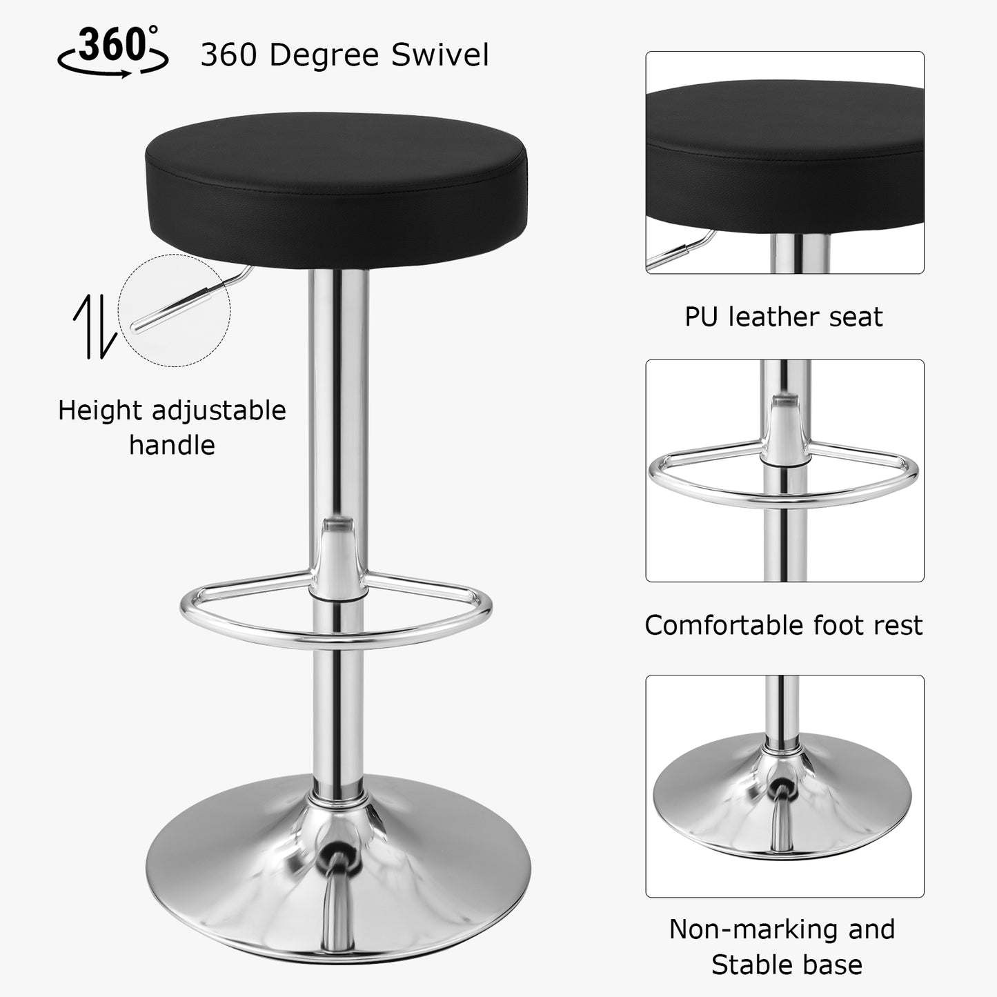 Adjustable Swivel Round Bar Stool with PU Leather Seat and Chrome Base, Set of 2 - Black
