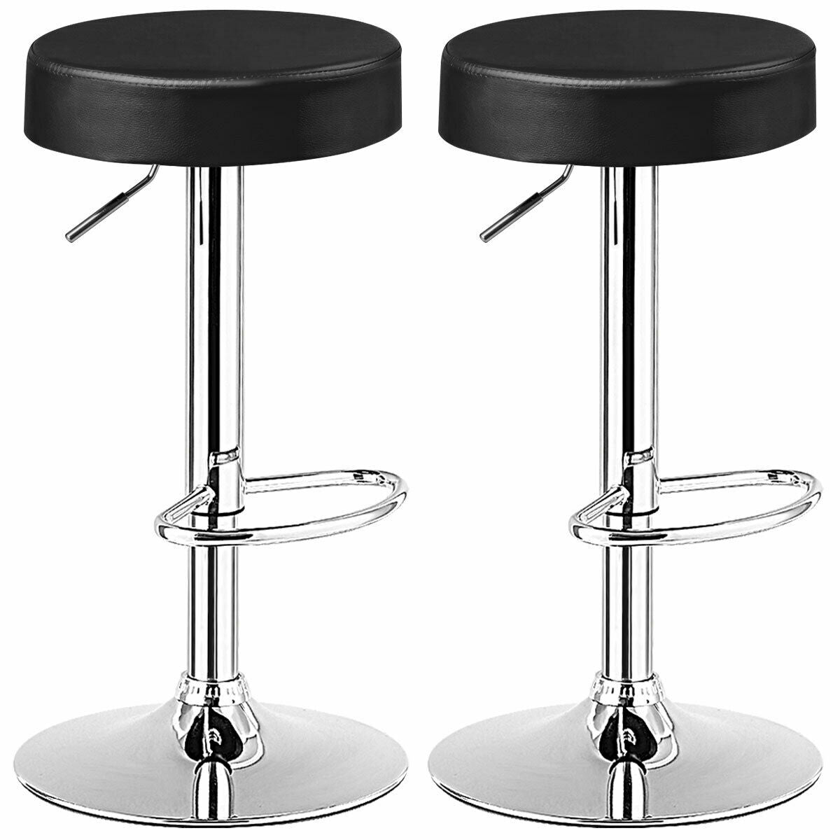 Adjustable Swivel Round Bar Stool with PU Leather Seat and Chrome Base, Set of 2 - Black