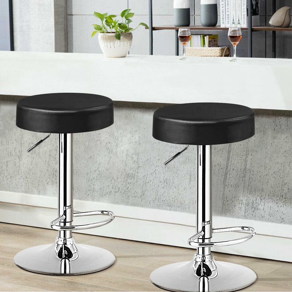 Adjustable Swivel Round Bar Stool with PU Leather Seat and Chrome Base, Set of 2 - Black