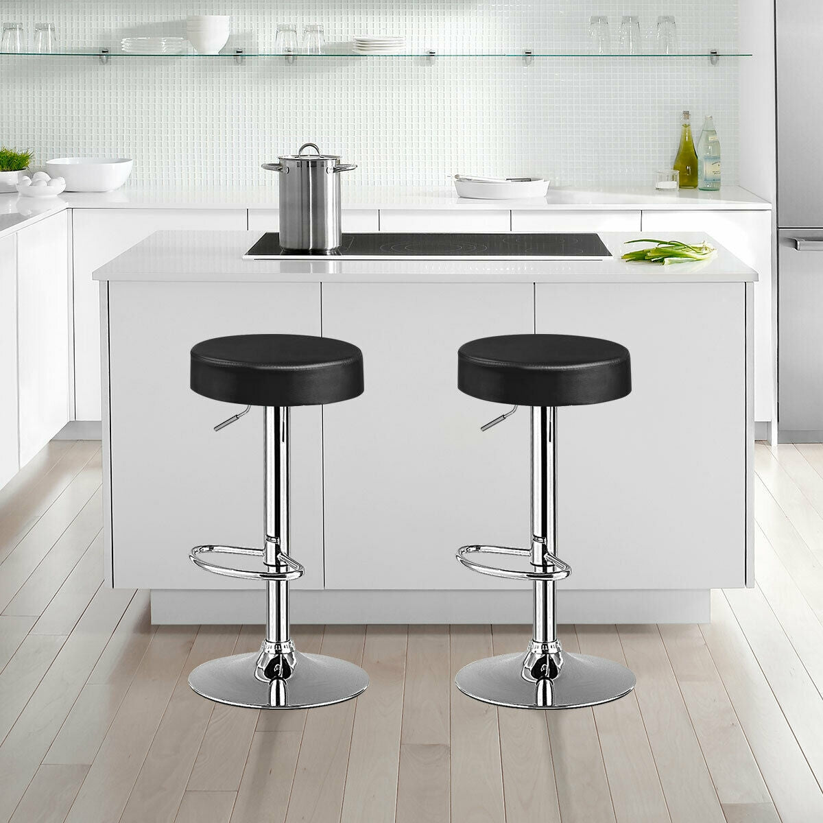Adjustable Swivel Round Bar Stool with PU Leather Seat and Chrome Base, Set of 2 - Black