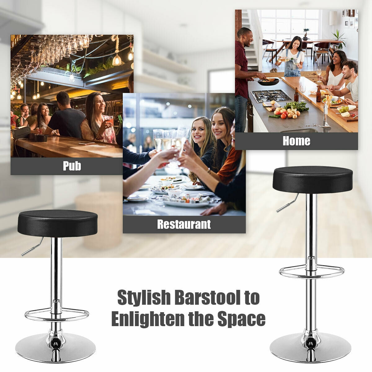Adjustable Swivel Round Bar Stool with PU Leather Seat and Chrome Base, Set of 2 - Black