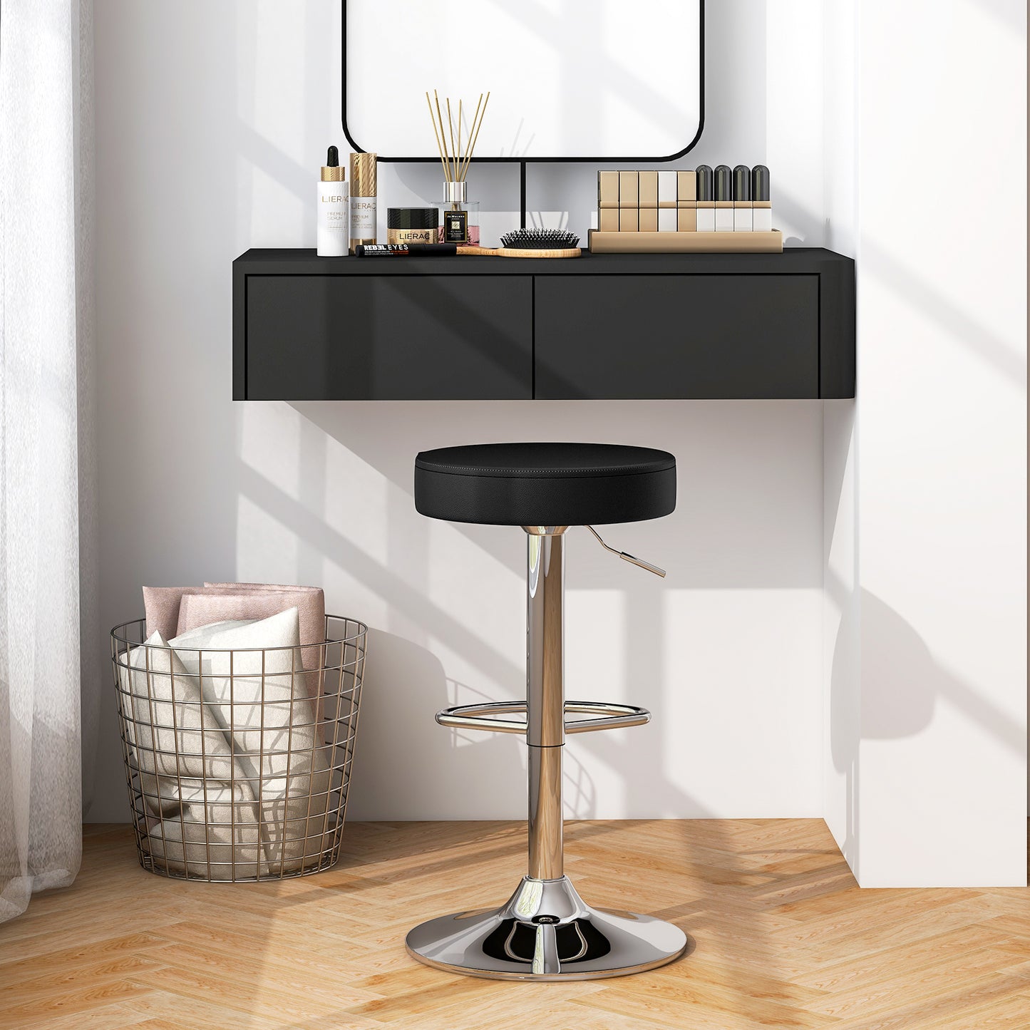 Adjustable Swivel Round Bar Stool with PU Leather Seat and Chrome Base, Set of 2 - Black