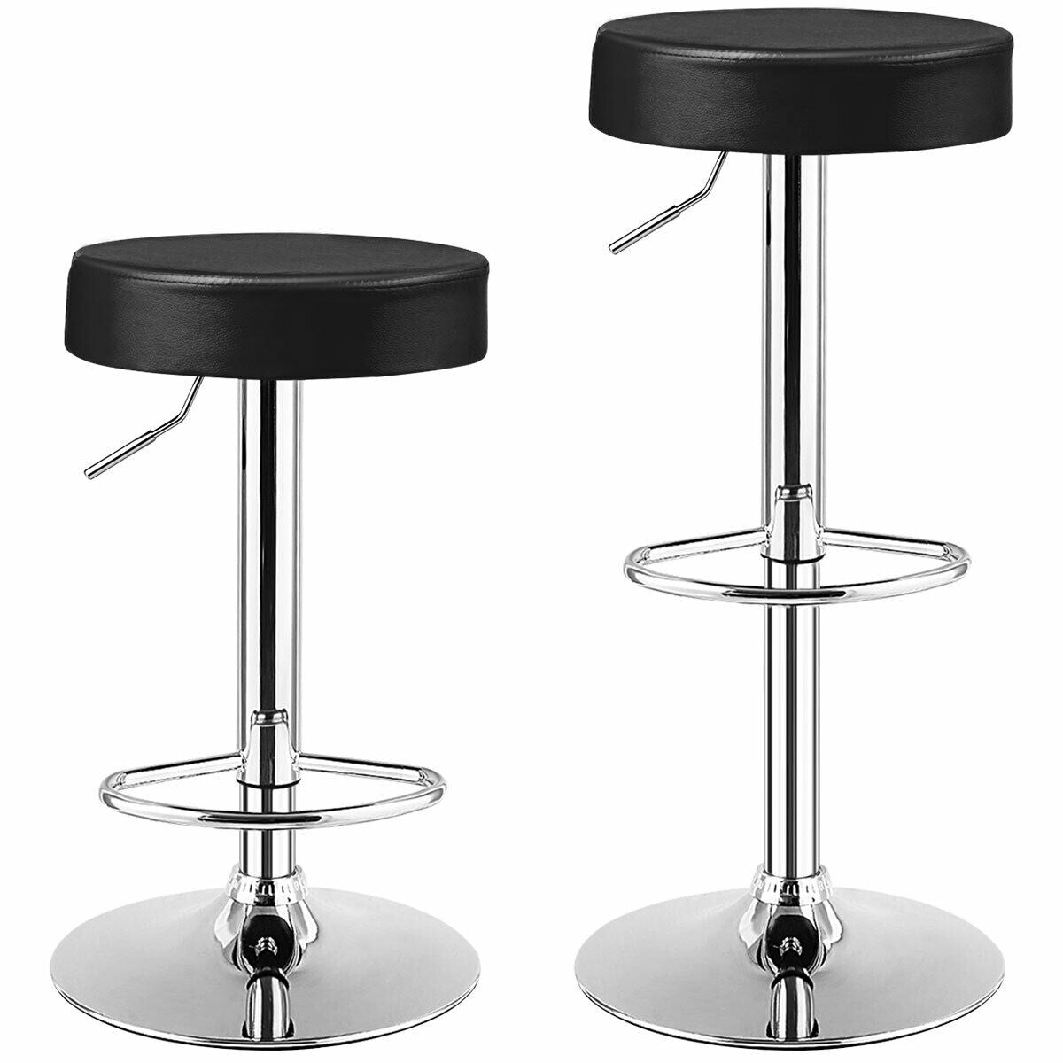 Adjustable Swivel Round Bar Stool with PU Leather Seat and Chrome Base, Set of 2 - Black