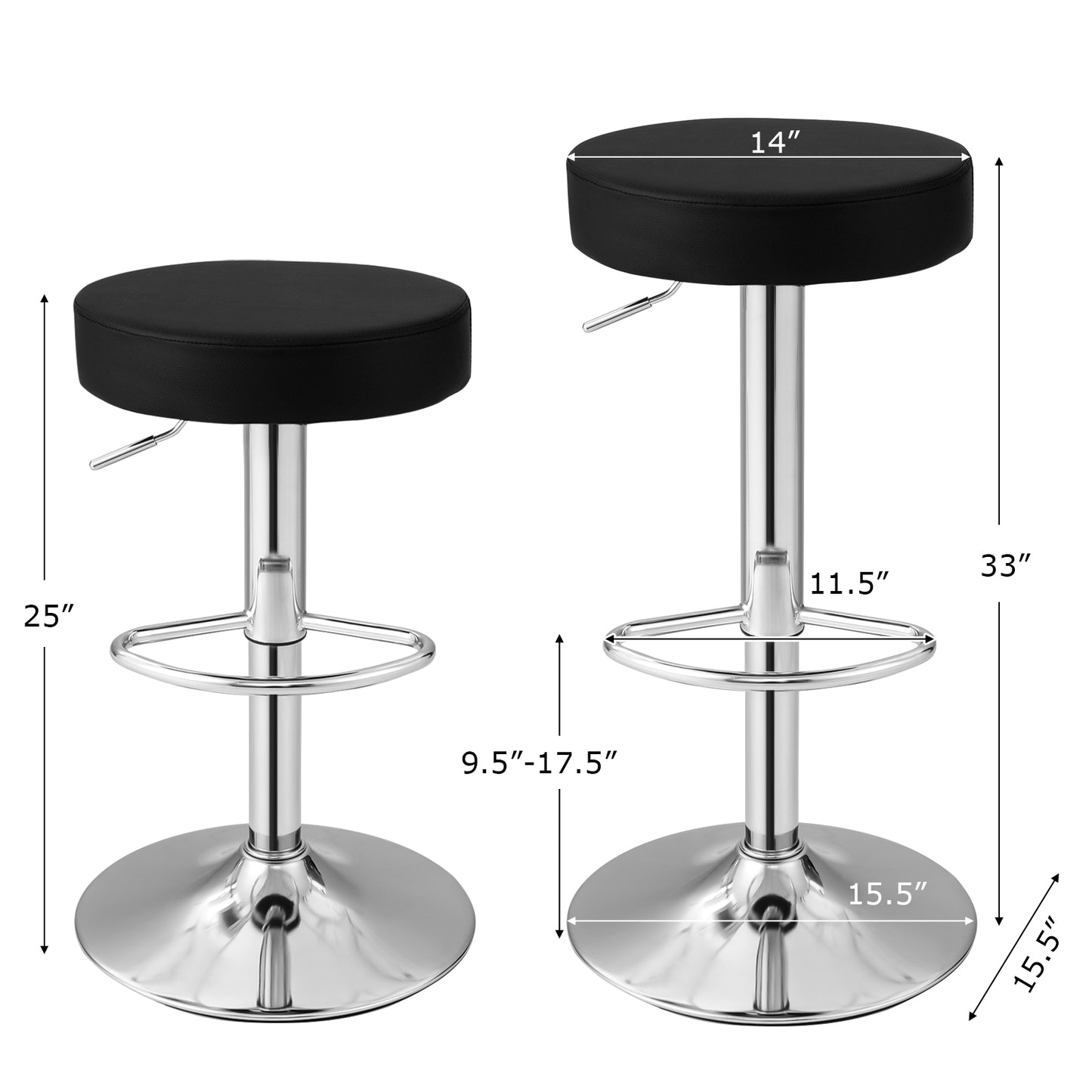 Adjustable Swivel Round Bar Stool with PU Leather Seat and Chrome Base, Set of 2 - Black