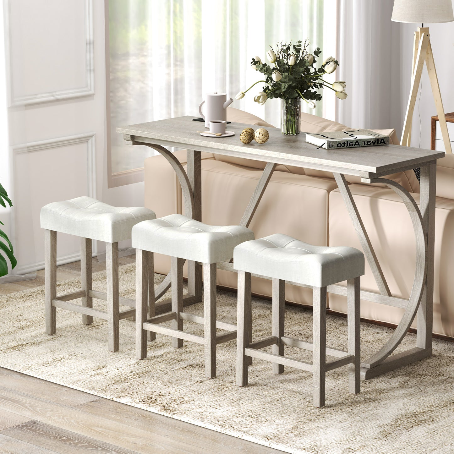 4 Piece Counter Height Bar Table Set with Built-in Power Outlet and Tufted Upholstered Saddle Stools