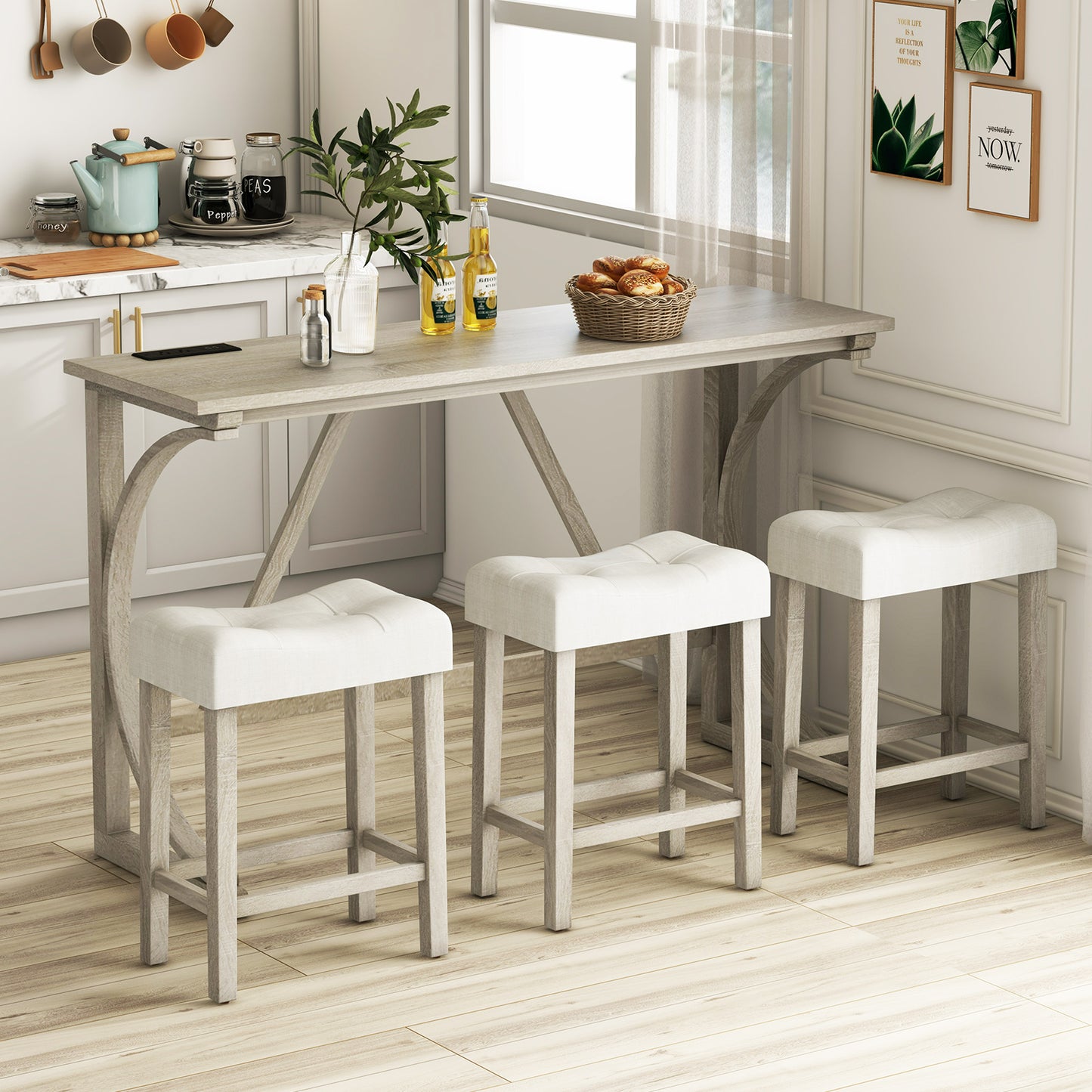 4 Piece Counter Height Bar Table Set with Built-in Power Outlet and Tufted Upholstered Saddle Stools