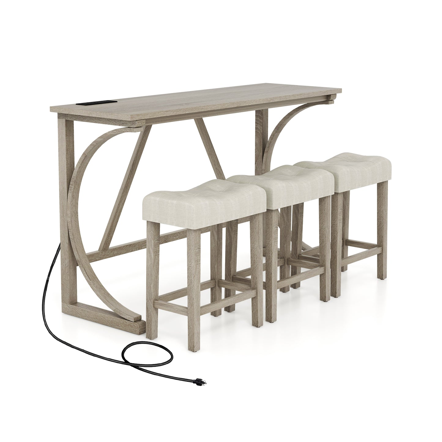 4 Piece Counter Height Bar Table Set with Built-in Power Outlet and Tufted Upholstered Saddle Stools