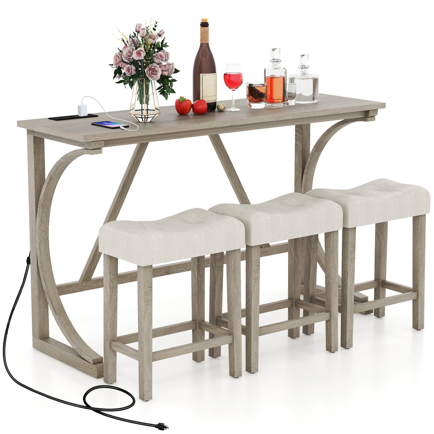 4 Piece Counter Height Bar Table Set with Built-in Power Outlet and Tufted Upholstered Saddle Stools