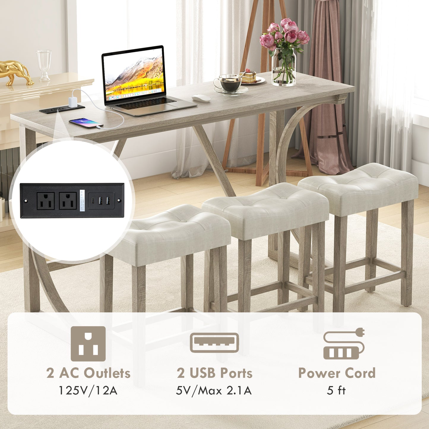 4 Piece Counter Height Bar Table Set with Built-in Power Outlet and Tufted Upholstered Saddle Stools