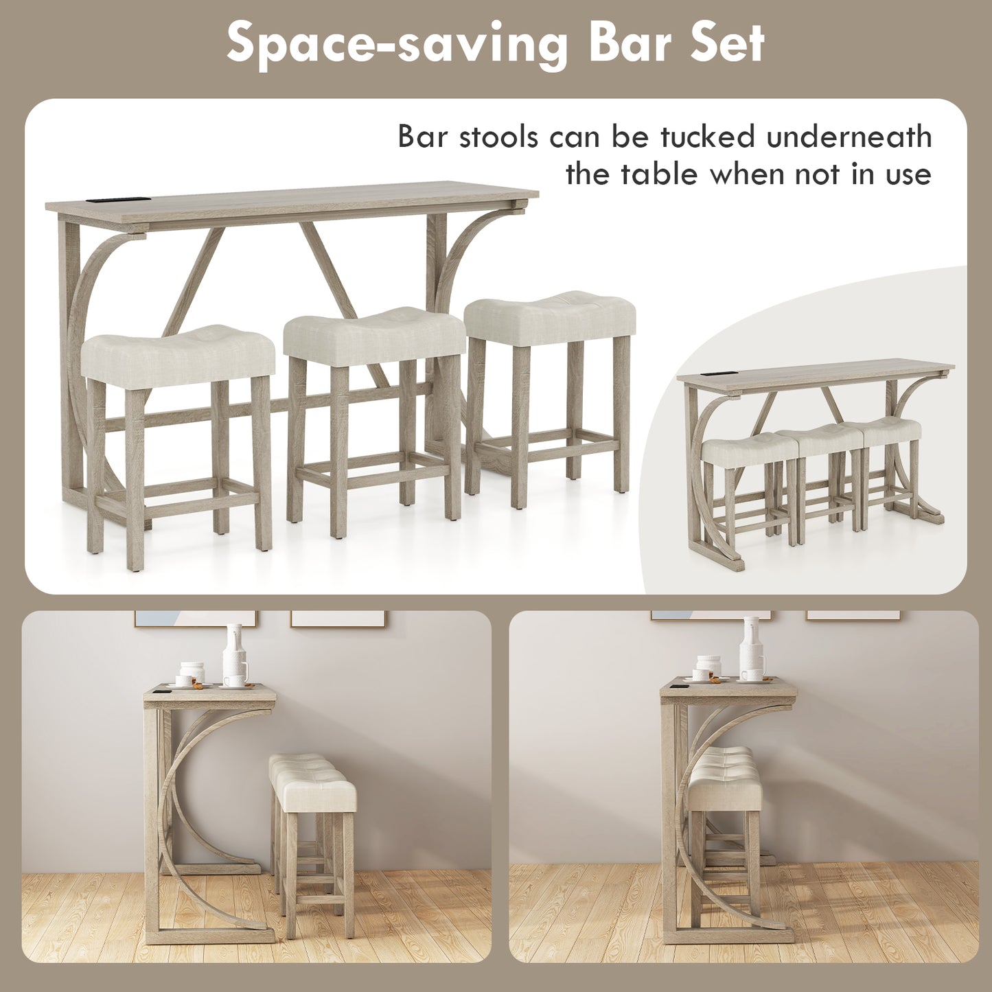 4 Piece Counter Height Bar Table Set with Built-in Power Outlet and Tufted Upholstered Saddle Stools