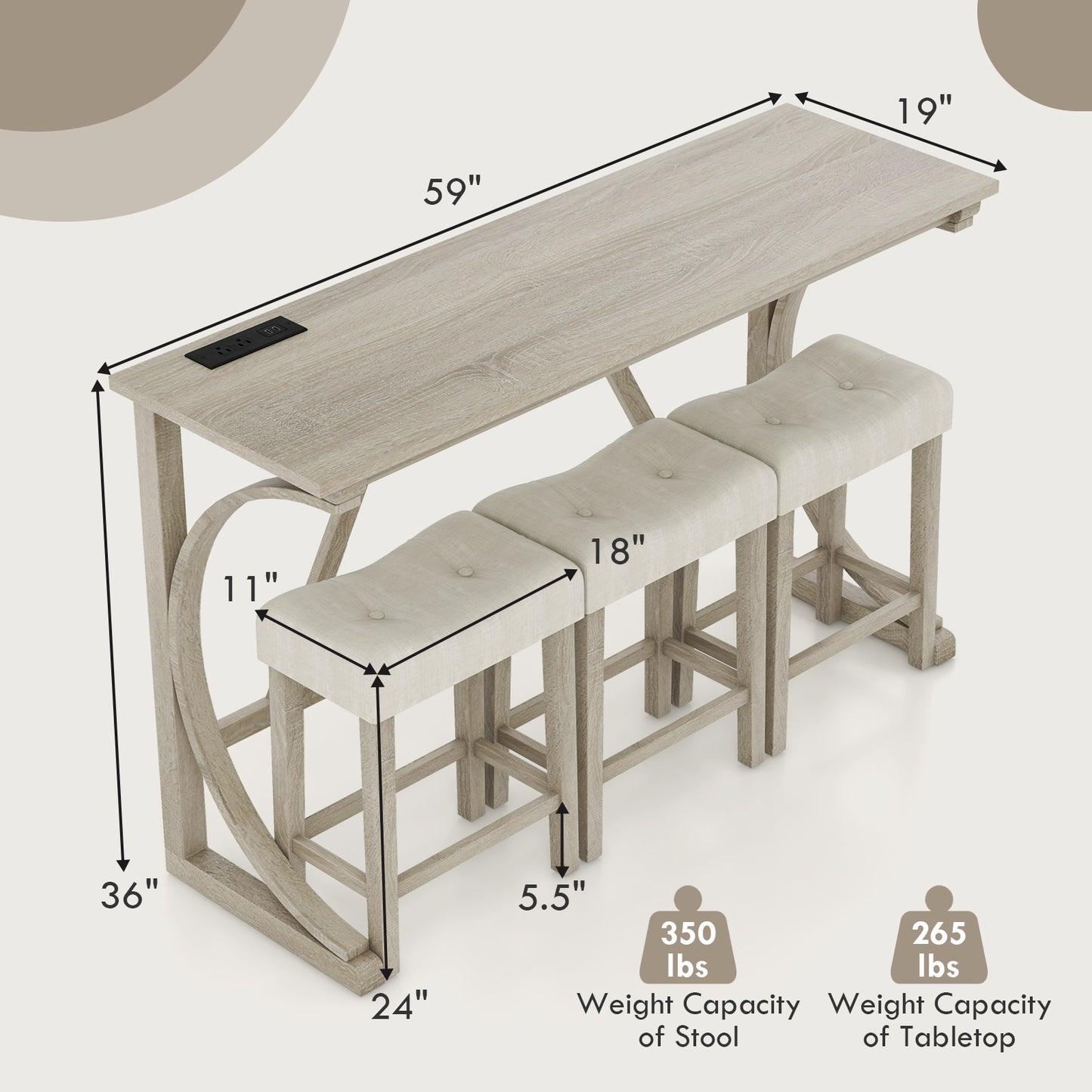 4 Piece Counter Height Bar Table Set with Built-in Power Outlet and Tufted Upholstered Saddle Stools