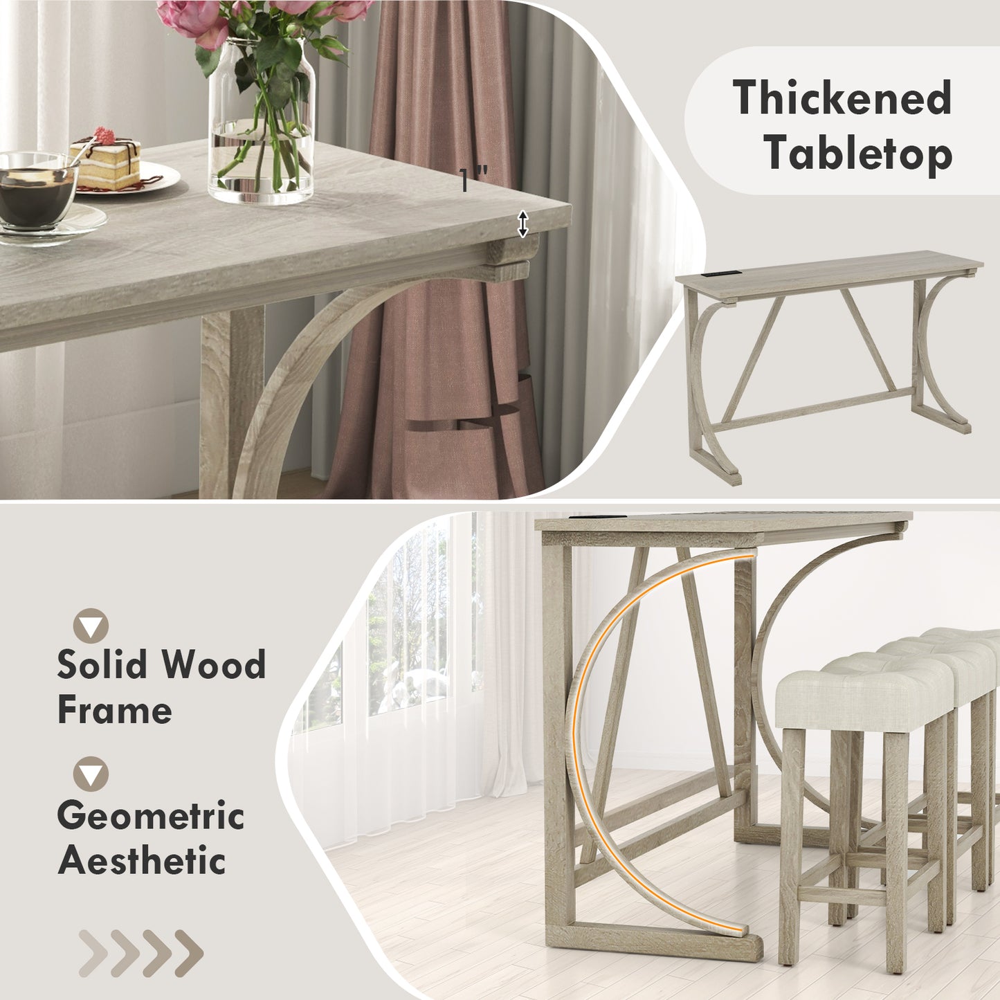 4 Piece Counter Height Bar Table Set with Built-in Power Outlet and Tufted Upholstered Saddle Stools