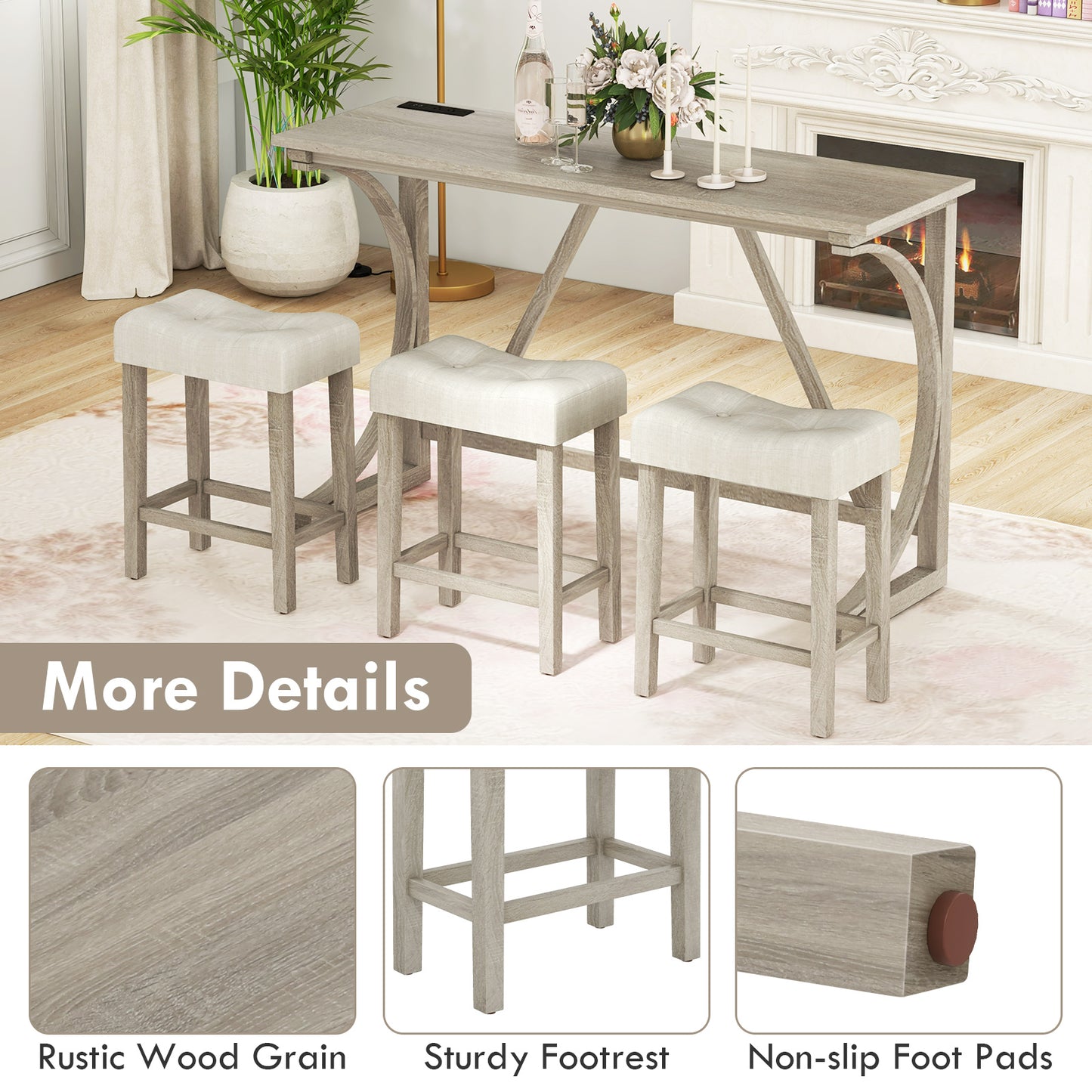 4 Piece Counter Height Bar Table Set with Built-in Power Outlet and Tufted Upholstered Saddle Stools