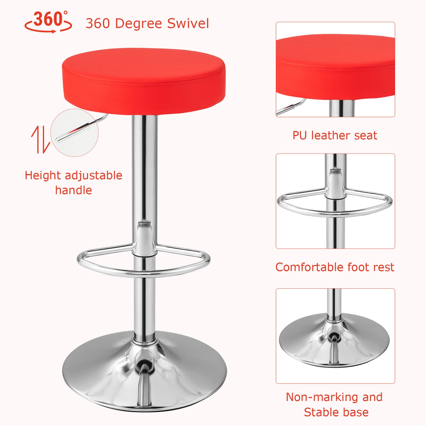 Adjustable Swivel Round Bar Stool with PU Leather Seat and Chrome Base, Set of 2 - Red