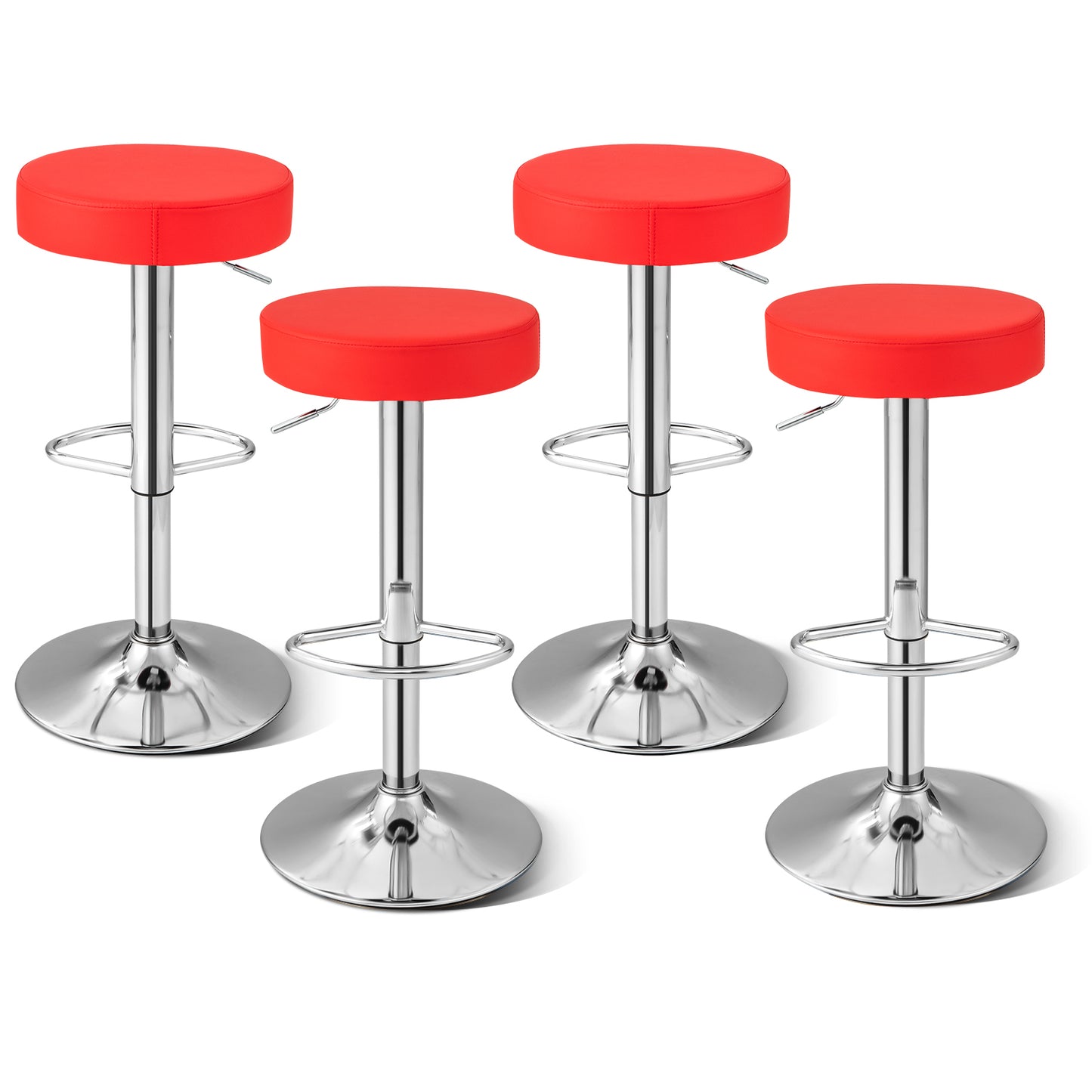 Adjustable Swivel Round Bar Stool with PU Leather Seat and Chrome Base, Set of 2 - Red