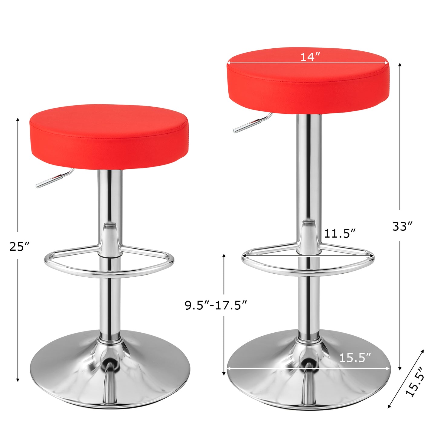Adjustable Swivel Round Bar Stool with PU Leather Seat and Chrome Base, Set of 2 - Red