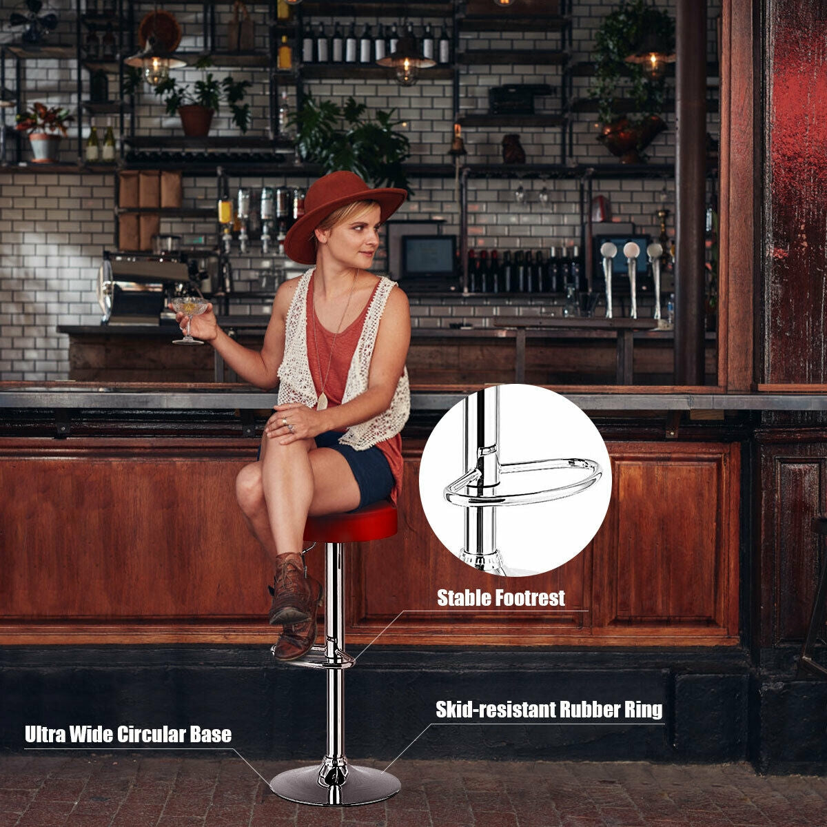 Adjustable Swivel Round Bar Stool with PU Leather Seat and Chrome Base, Set of 2 - Red