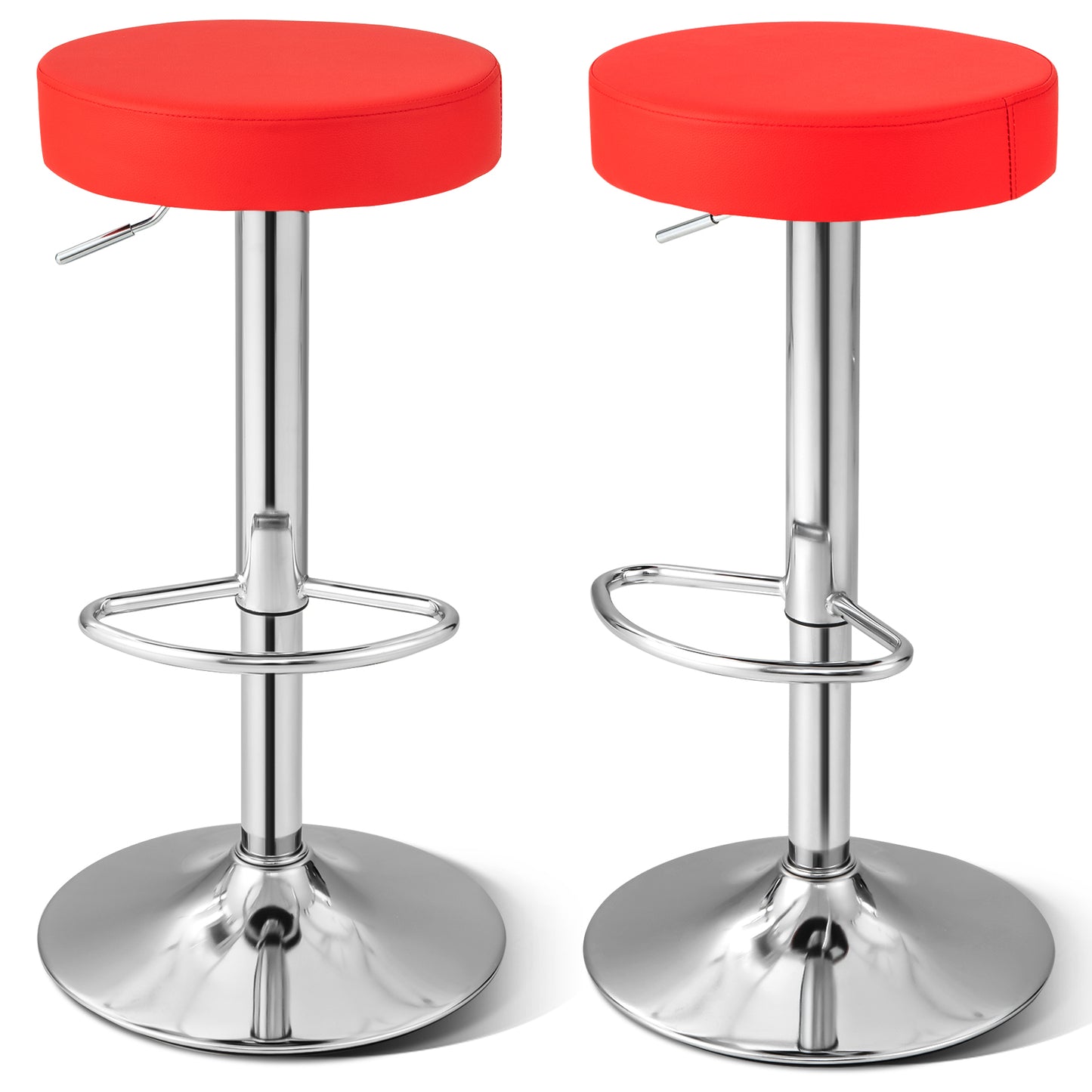 Adjustable Swivel Round Bar Stool with PU Leather Seat and Chrome Base - Red