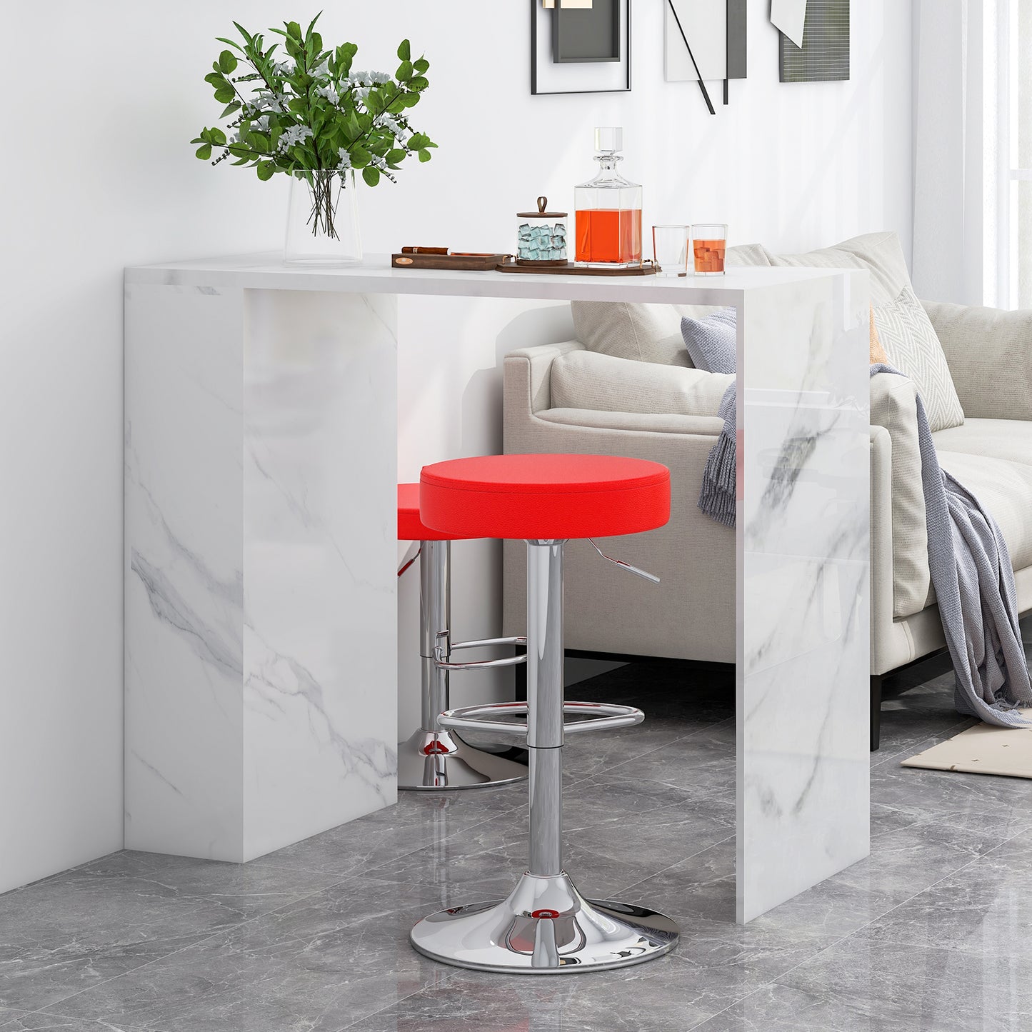 Adjustable Swivel Round Bar Stool with PU Leather Seat and Chrome Base - Red