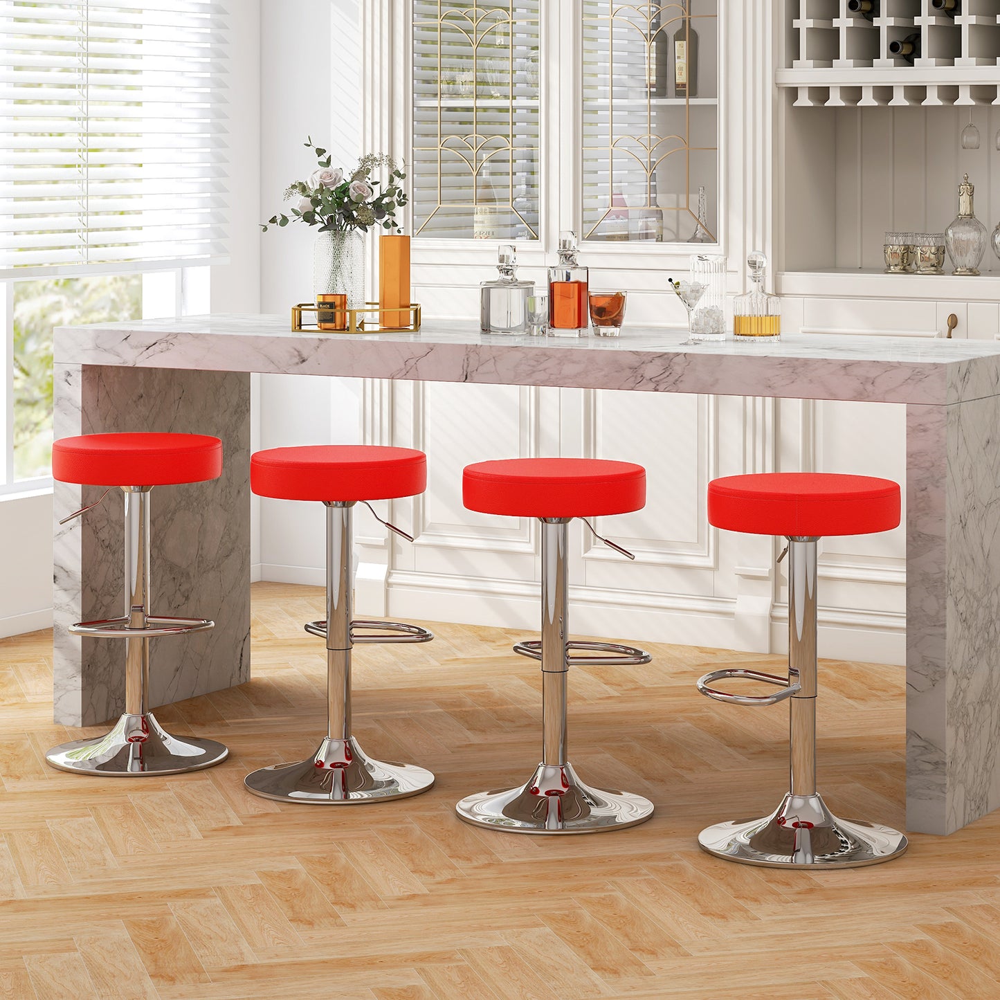 Adjustable Swivel Round Bar Stool with PU Leather Seat and Chrome Base - Red