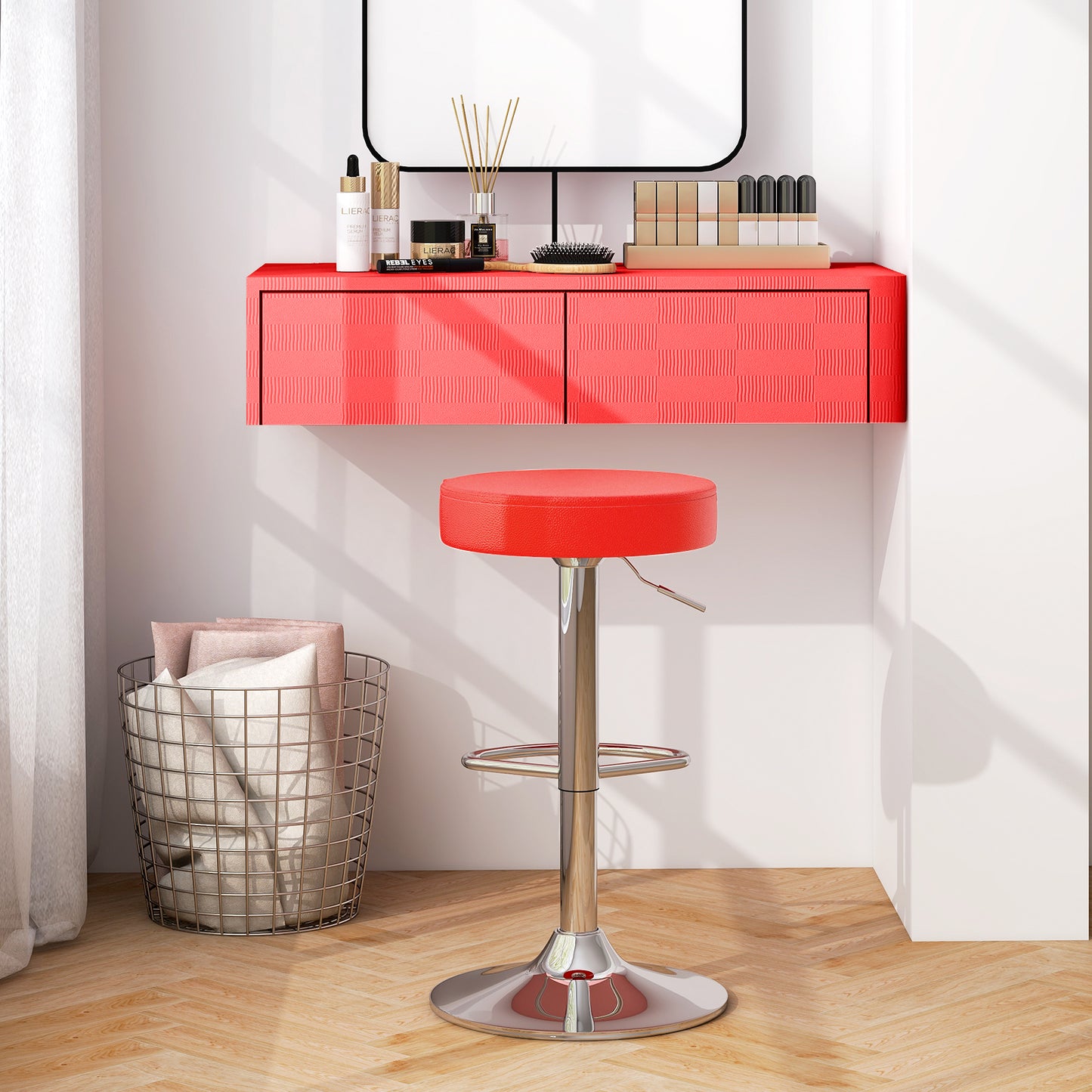 Adjustable Swivel Round Bar Stool with PU Leather Seat and Chrome Base - Red
