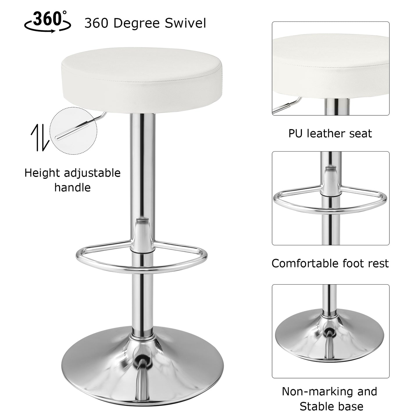 Adjustable Swivel Round Bar Stool with PU Leather Seat and Chrome Base - White