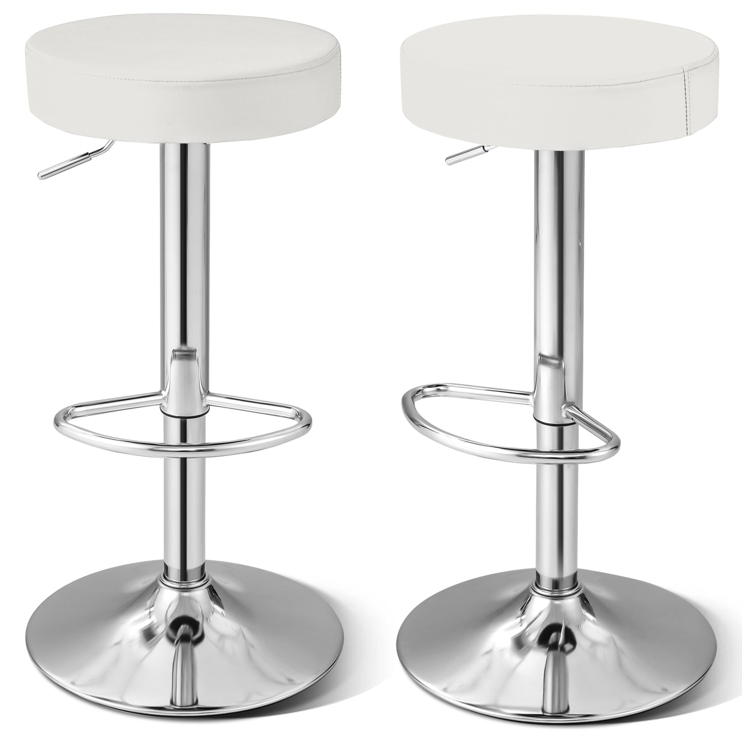 Adjustable Swivel Round Bar Stool with PU Leather Seat and Chrome Base, Set of 2 - White