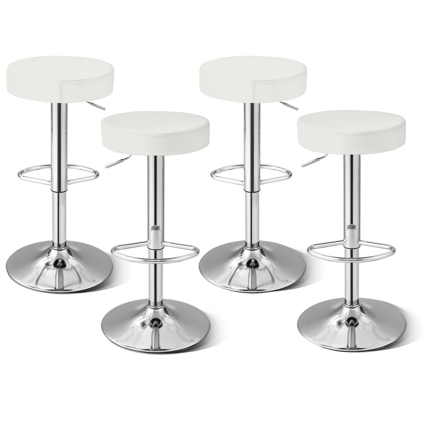 Adjustable Swivel Round Bar Stool with PU Leather Seat and Chrome Base, Set of 2 - White