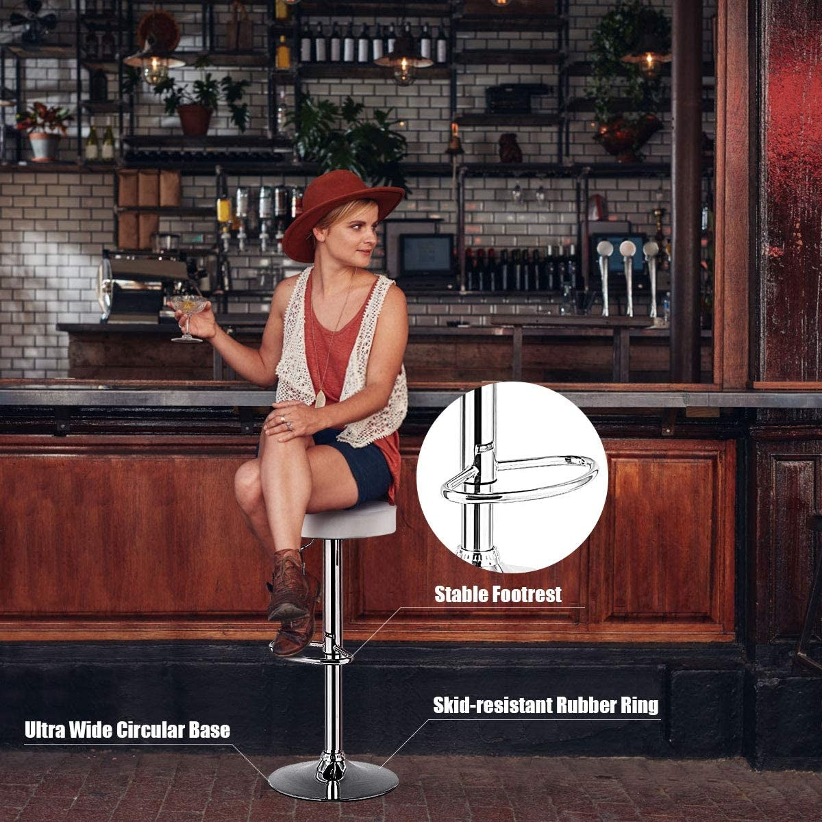 Adjustable Swivel Round Bar Stool with PU Leather Seat and Chrome Base, Set of 2 - White