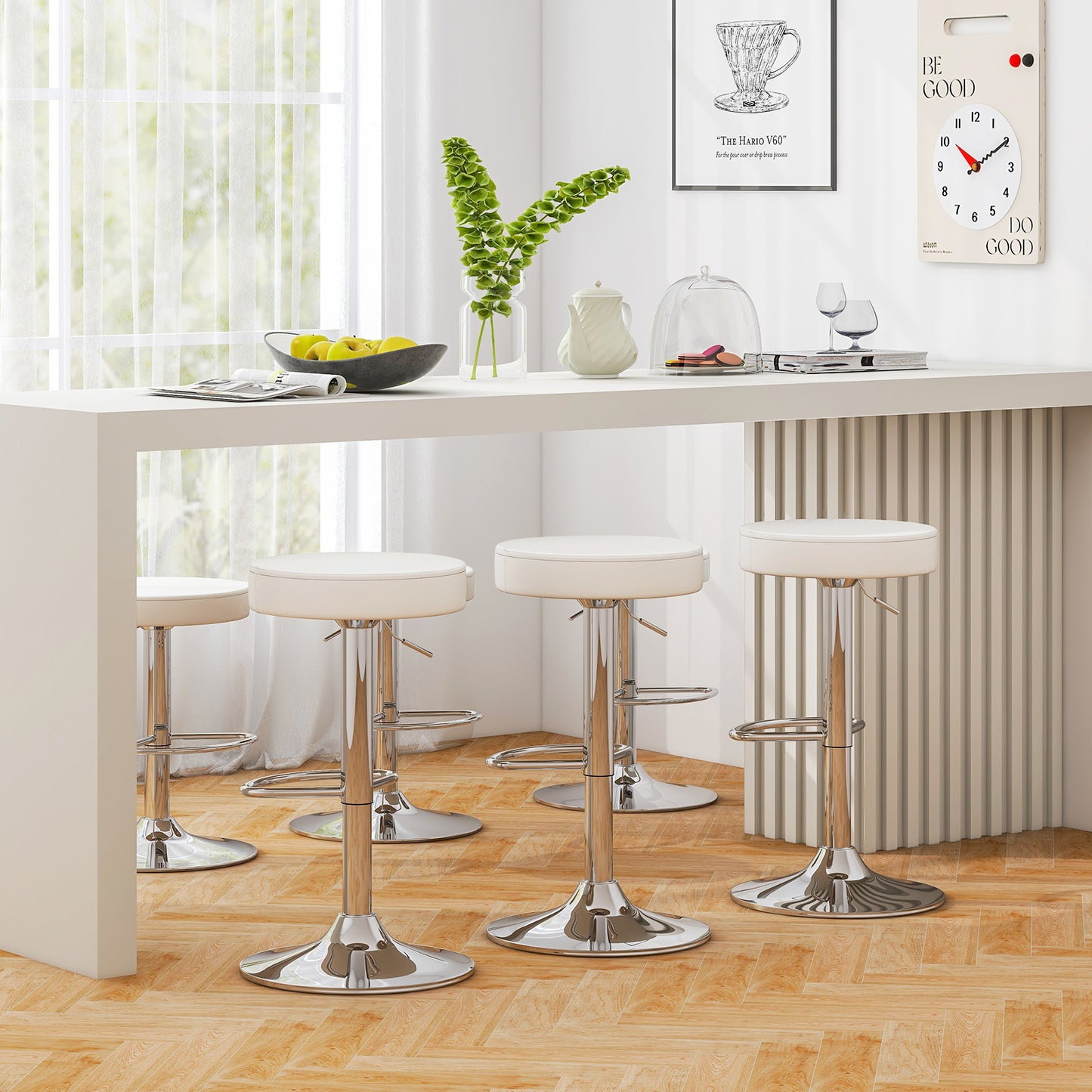 Adjustable Swivel Round Bar Stool with PU Leather Seat and Chrome Base, Set of 2 - White