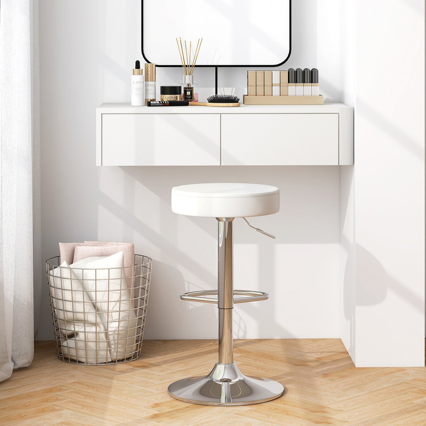Adjustable Swivel Round Bar Stool with PU Leather Seat and Chrome Base - White