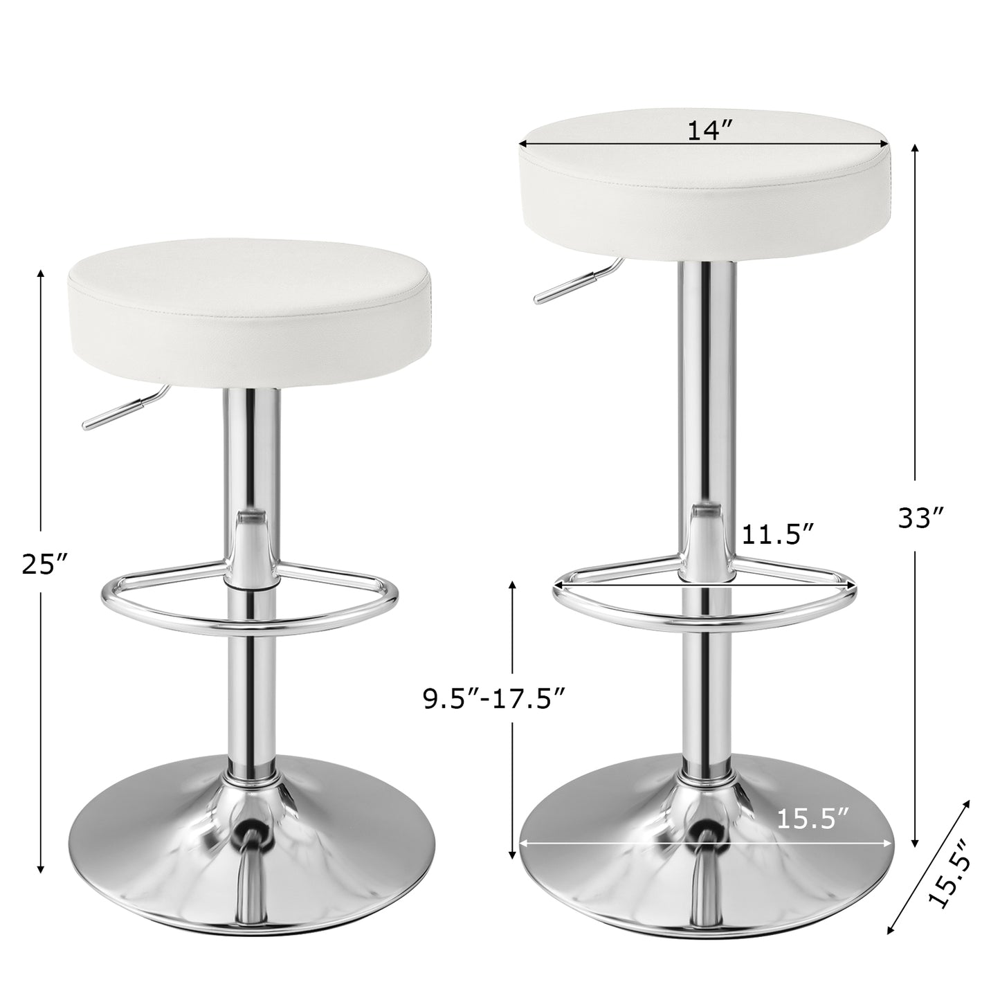 Adjustable Swivel Round Bar Stool with PU Leather Seat and Chrome Base - White