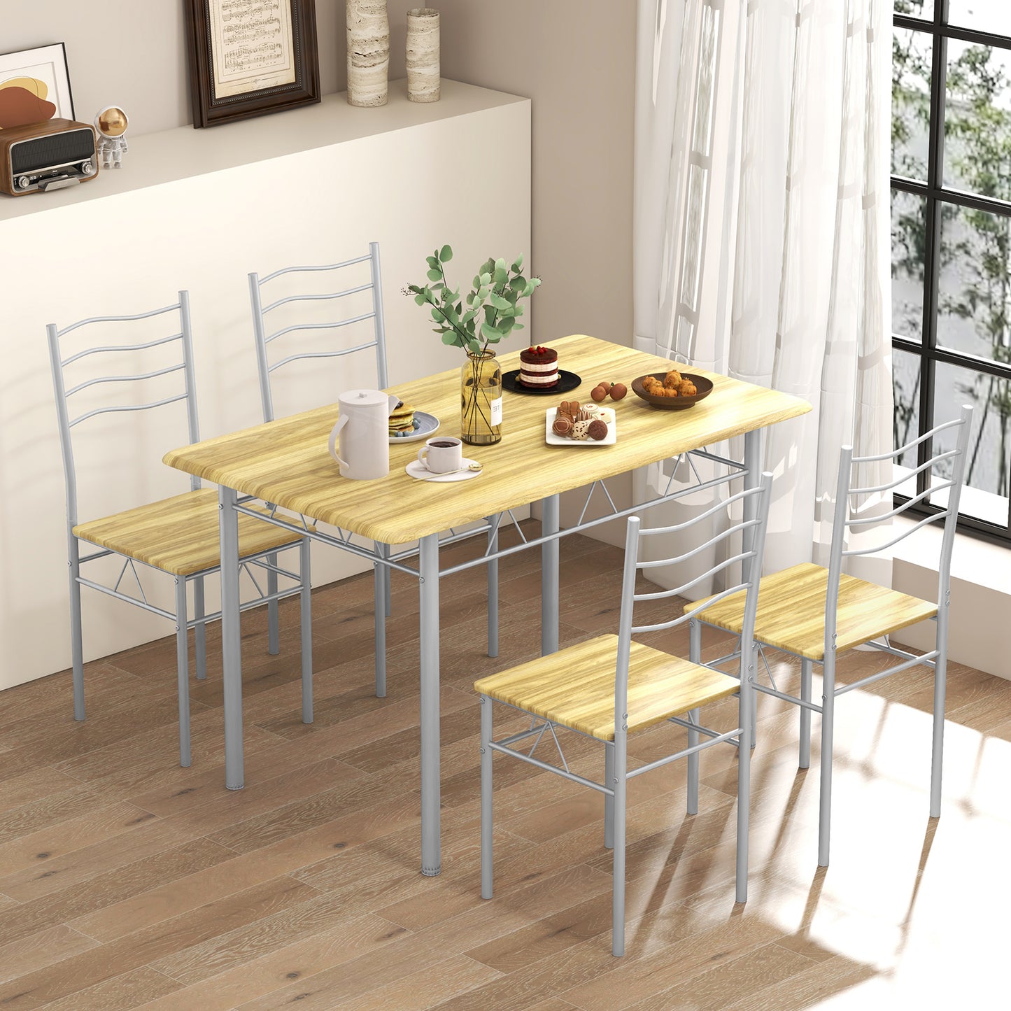 Modern 5 Piece Dining Set with Rectangular Table and Metal Frame Chairs - Walnut
