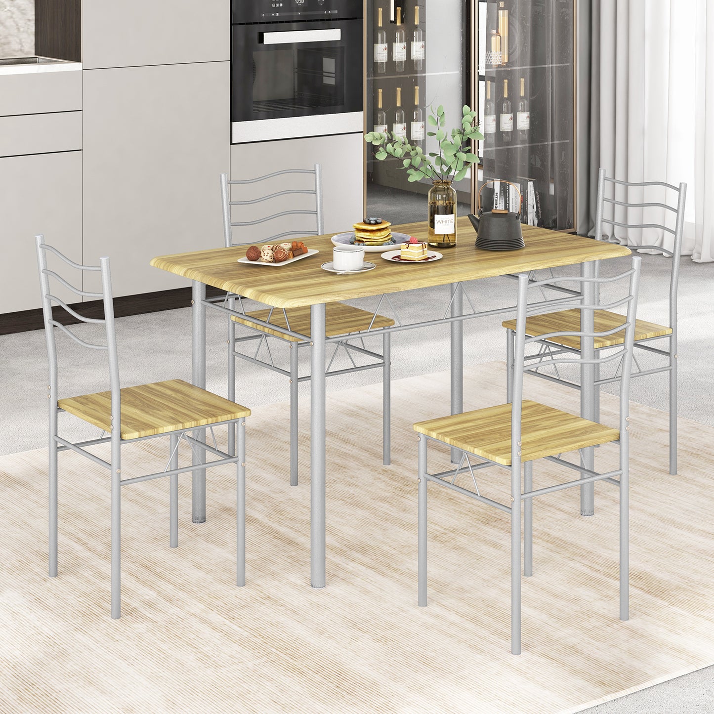 Modern 5 Piece Dining Set with Rectangular Table and Metal Frame Chairs - Walnut