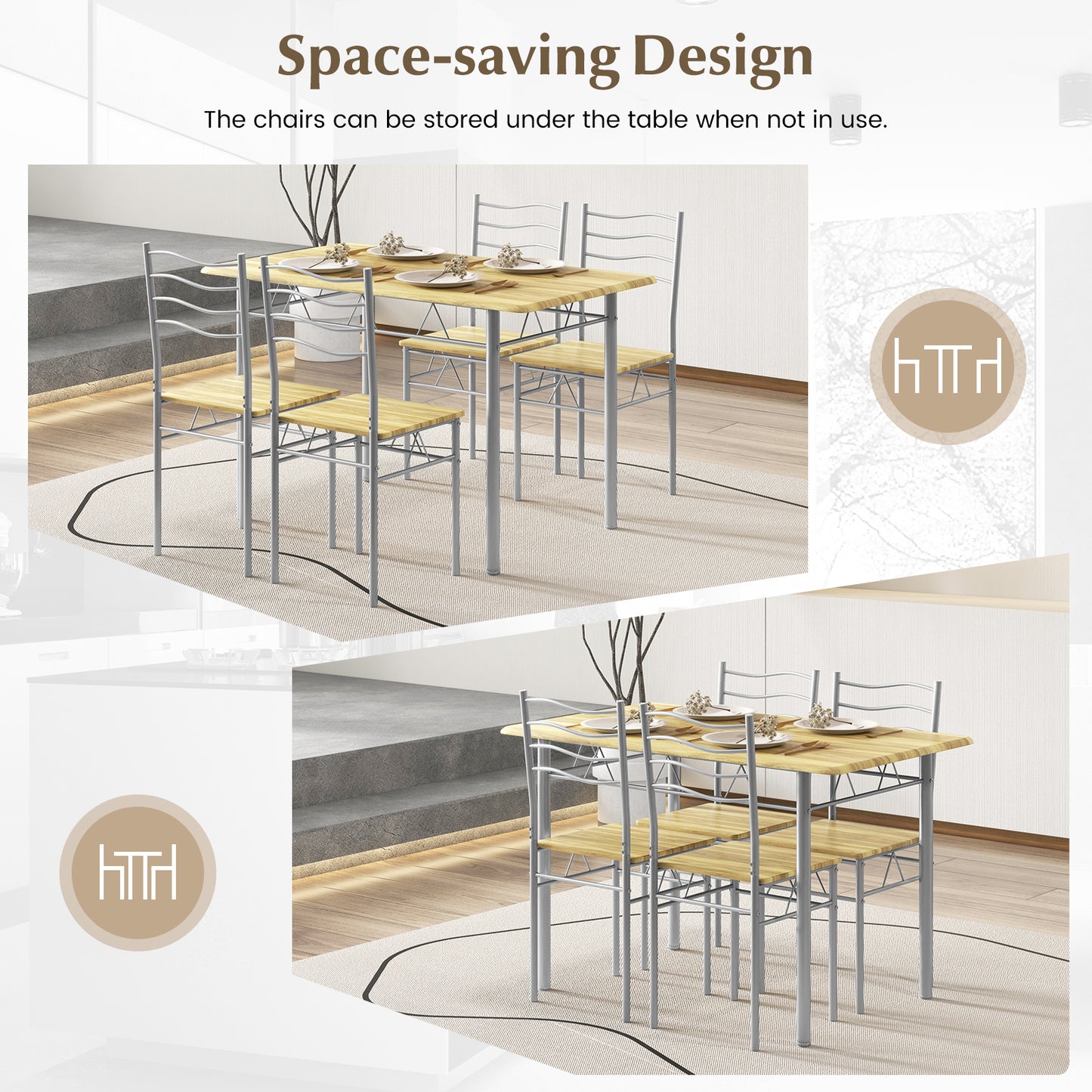 Modern 5 Piece Dining Set with Rectangular Table and Metal Frame Chairs - Walnut