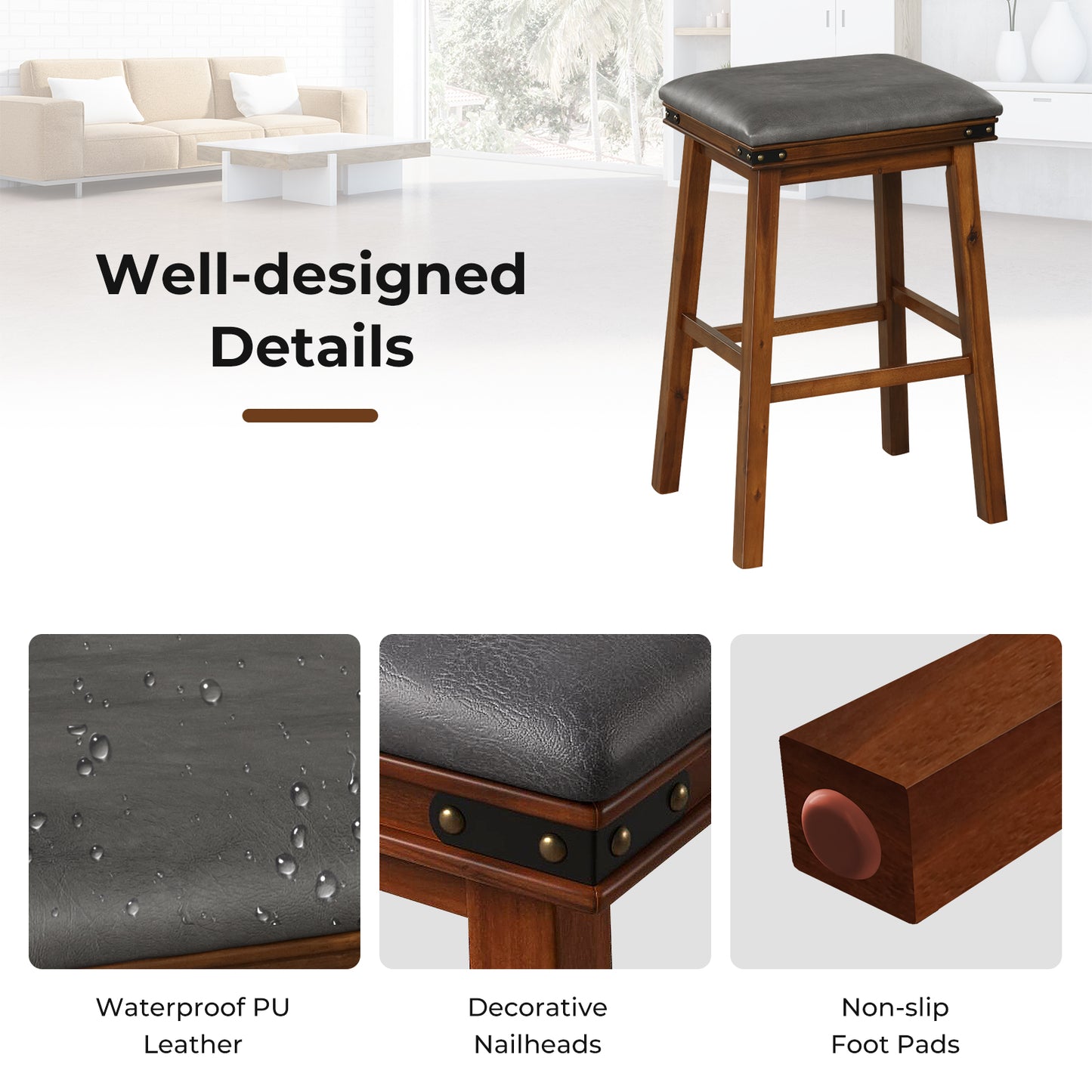 Pair of Saddle Seat Bar Stools with Brown Solid Wood Frame, 30 Inch Height