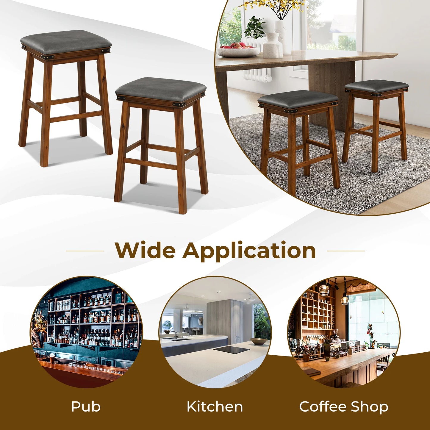 Pair of Saddle Seat Bar Stools with Brown Solid Wood Frame, 30 Inch Height