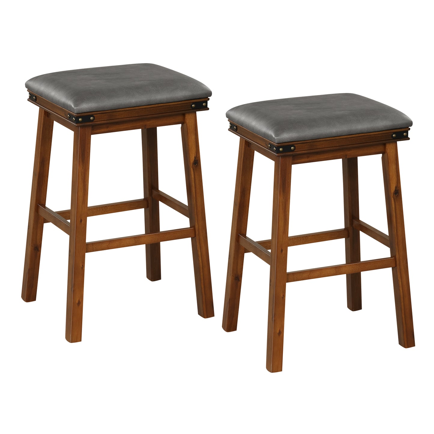 Pair of Saddle Seat Bar Stools with Brown Solid Wood Frame, 30 Inch Height