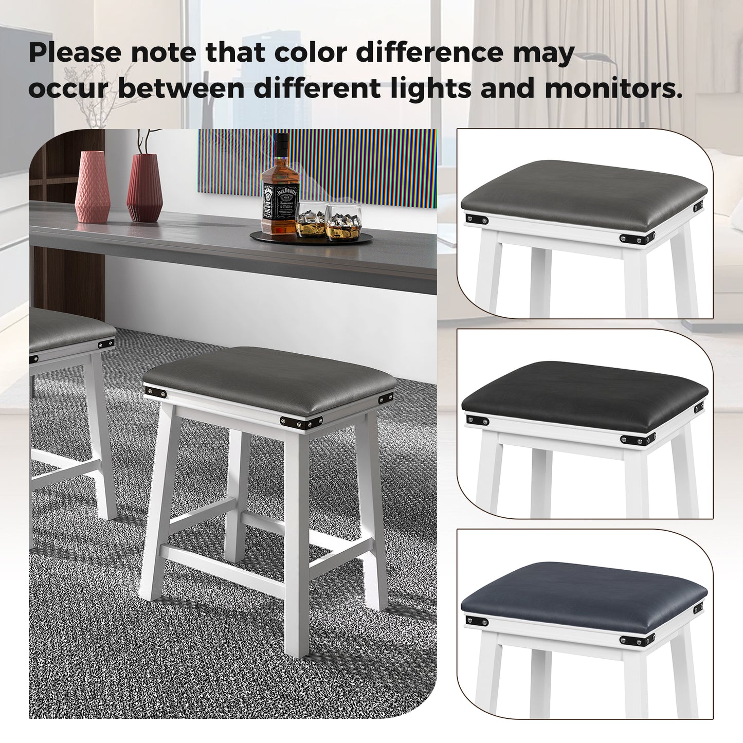 Pair of Saddle Seat Bar Stools with White Solid Wood Frame, 24 Inch Height