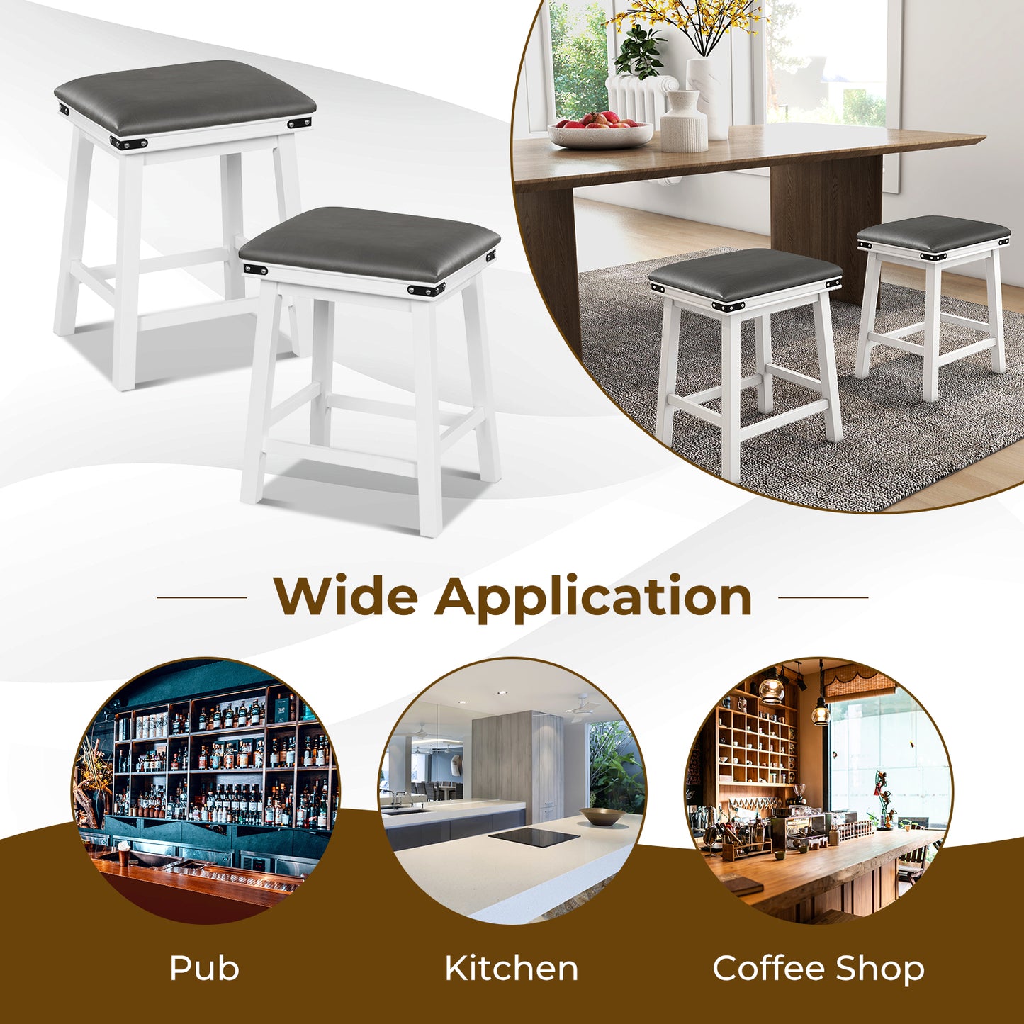 Pair of Saddle Seat Bar Stools with White Solid Wood Frame, 24 Inch Height