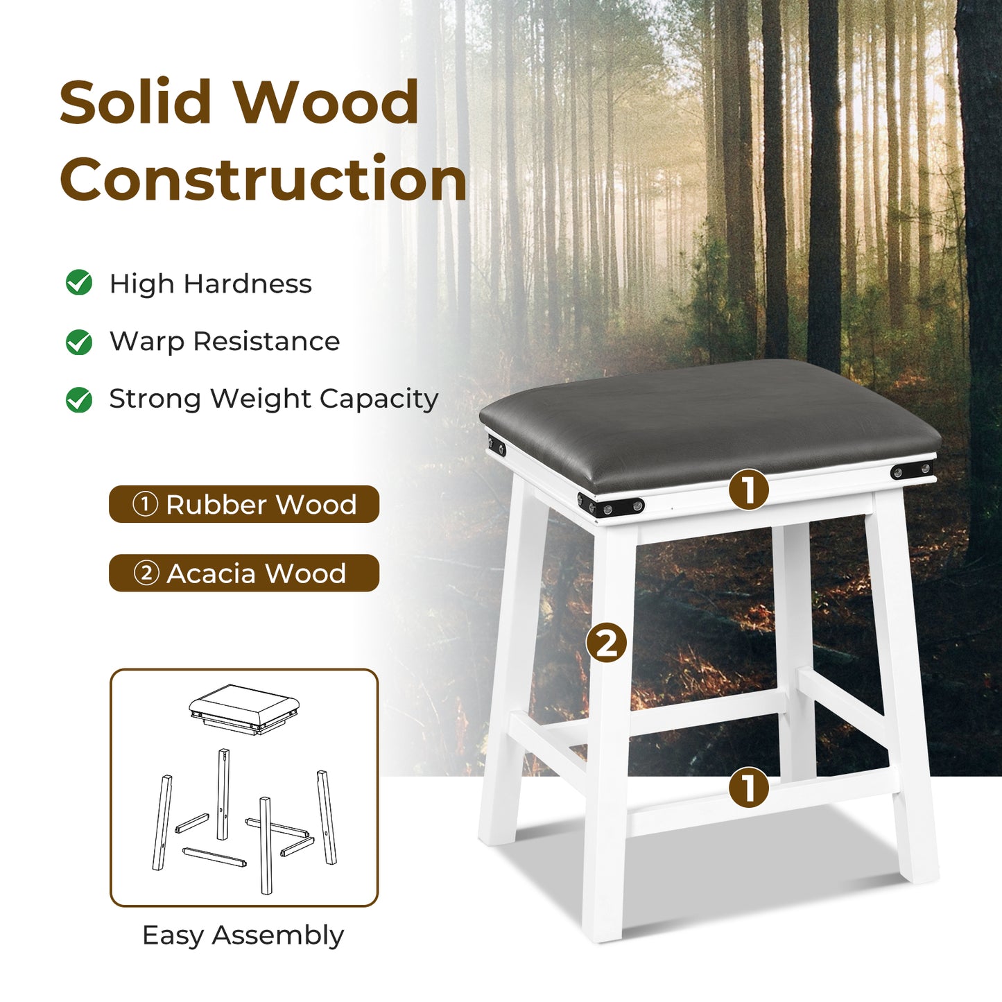 Pair of Saddle Seat Bar Stools with White Solid Wood Frame, 24 Inch Height